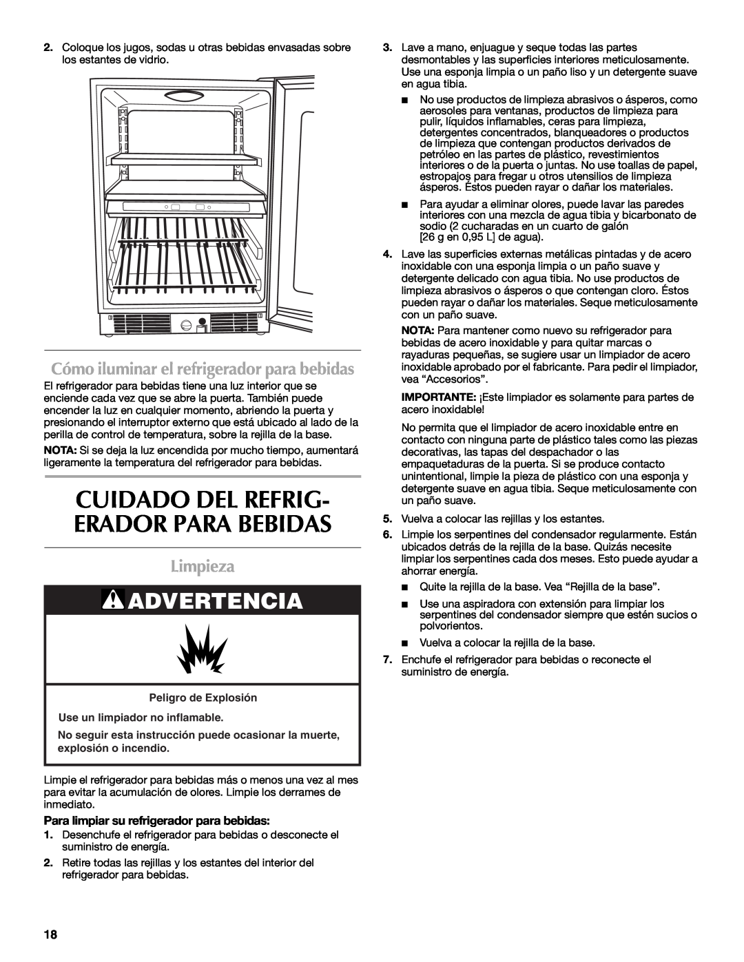 Maytag W10285880A - 8336411962010 Limpieza, Cómo iluminar el refrigerador para bebidas, Use un limpiador no inflamable 