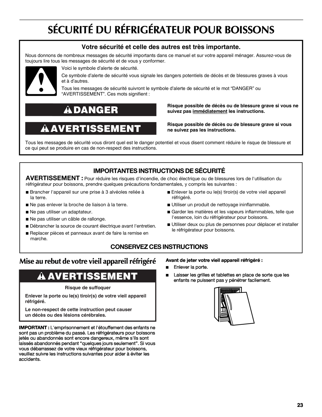 Maytag W10285880A - 8336411962010 manual Sécurité Du Réfrigérateur Pour Boissons, Danger Avertissement, Risque de suffoquer 