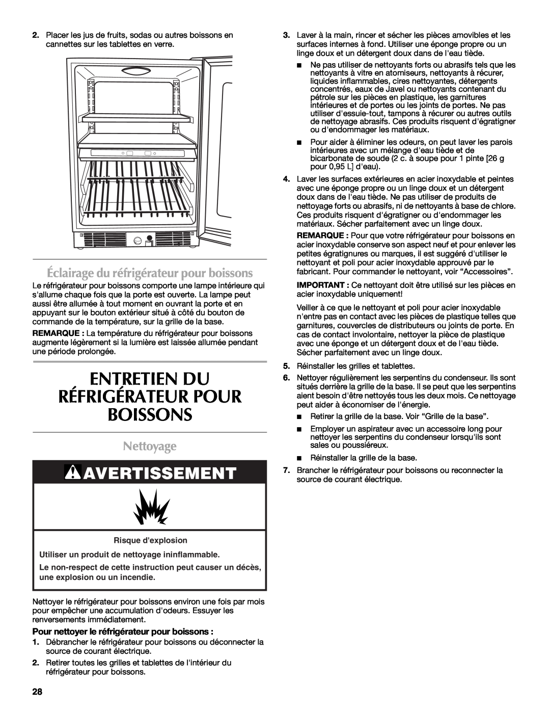 Maytag W10285880A - 8336411962010 Entretien Du Réfrigérateur Pour Boissons, Nettoyage, Avertissement, Risque dexplosion 
