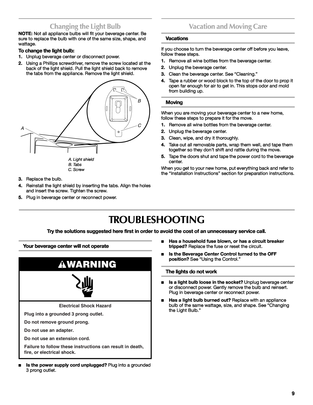 Maytag W10285880A - 8336411962010 manual Troubleshooting, Changing the Light Bulb, Vacation and Moving Care, Vacations 
