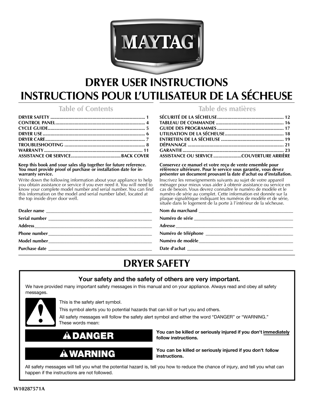 Maytag W10287571A warranty Instructions Pour L’UTILISATEUR DE LA Sécheuse, Dryer Safety, Table of Contents 