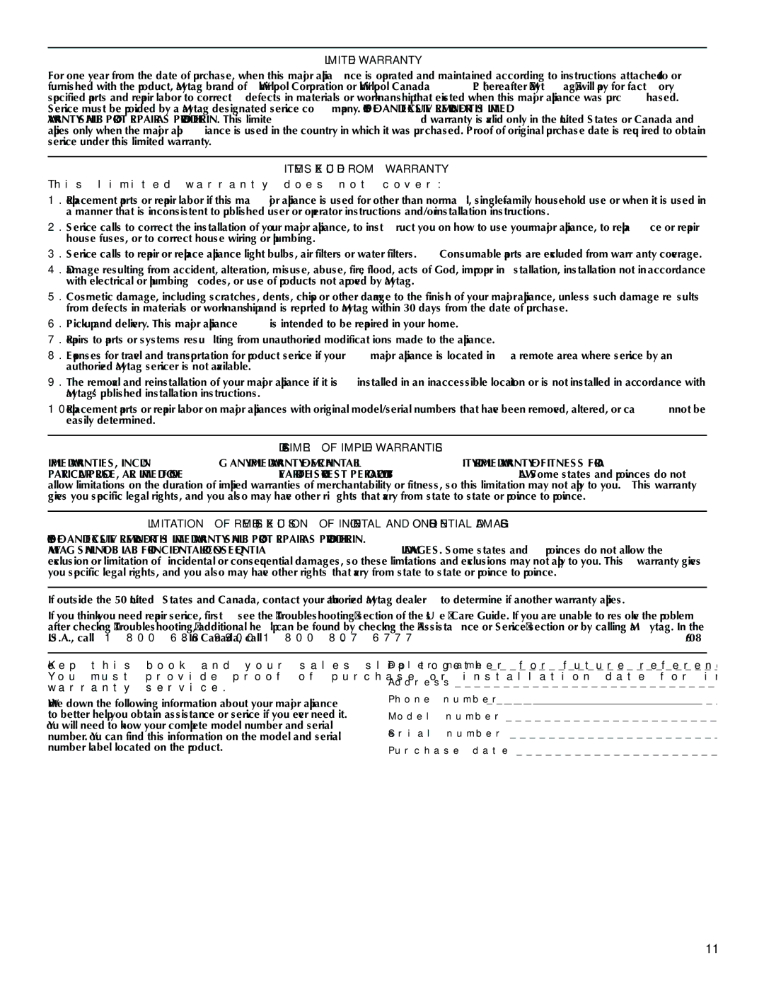 Maytag W10287571A Limited Warranty, Items Excluded from Warranty, This limited warranty does not cover 