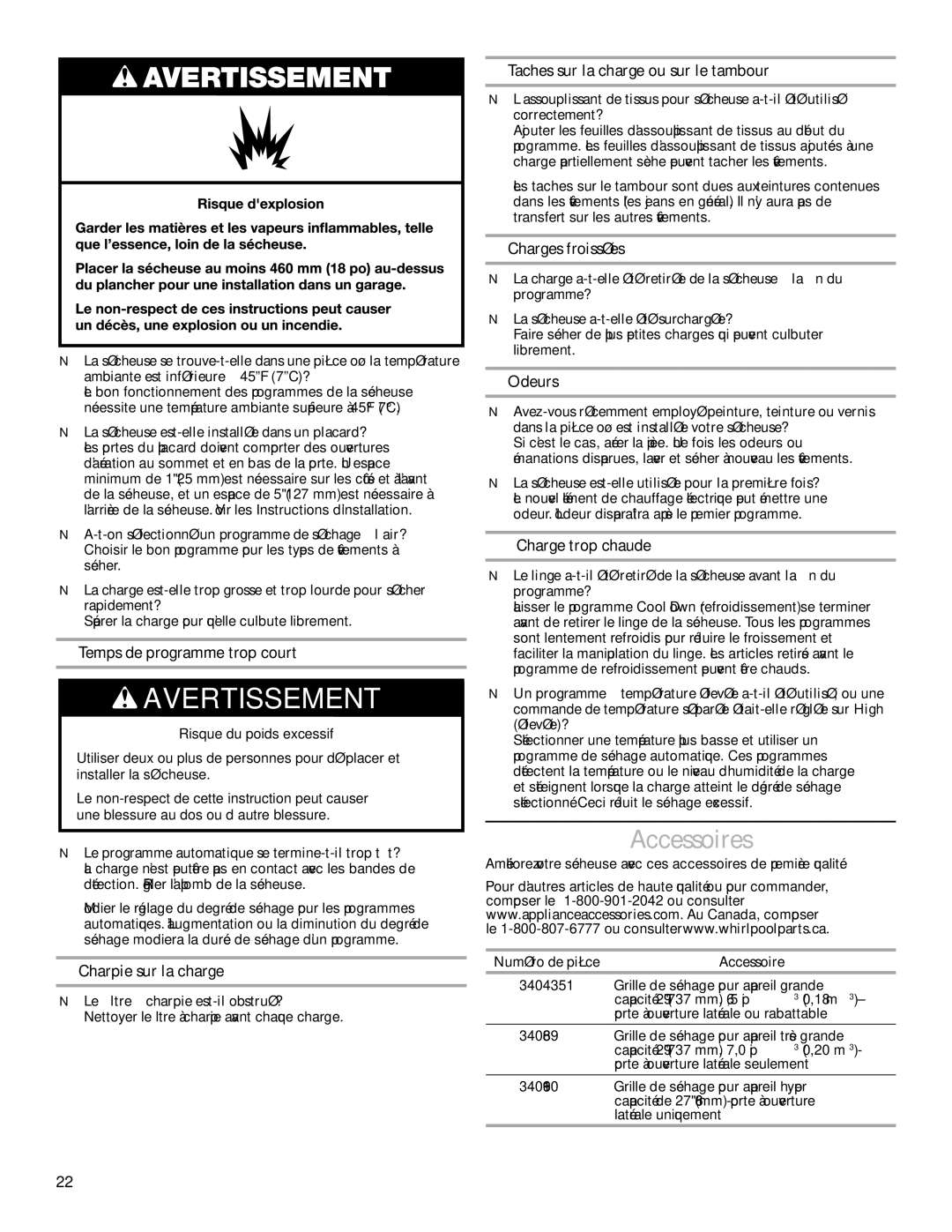 Maytag W10287571A warranty Accessoires 