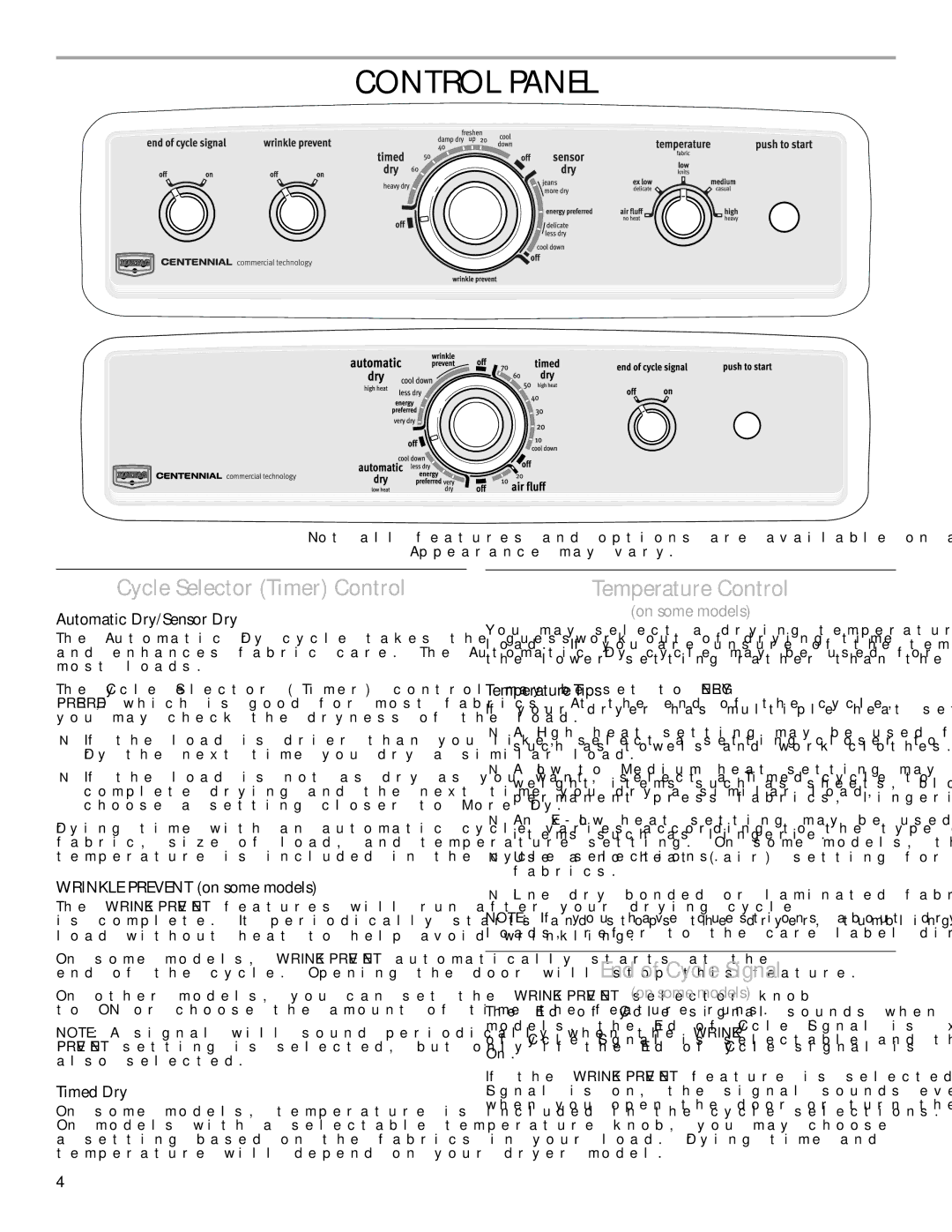 Maytag W10287571A warranty Control Panel, Cycle Selector Timer Control, Temperature Control, End of Cycle Signal 