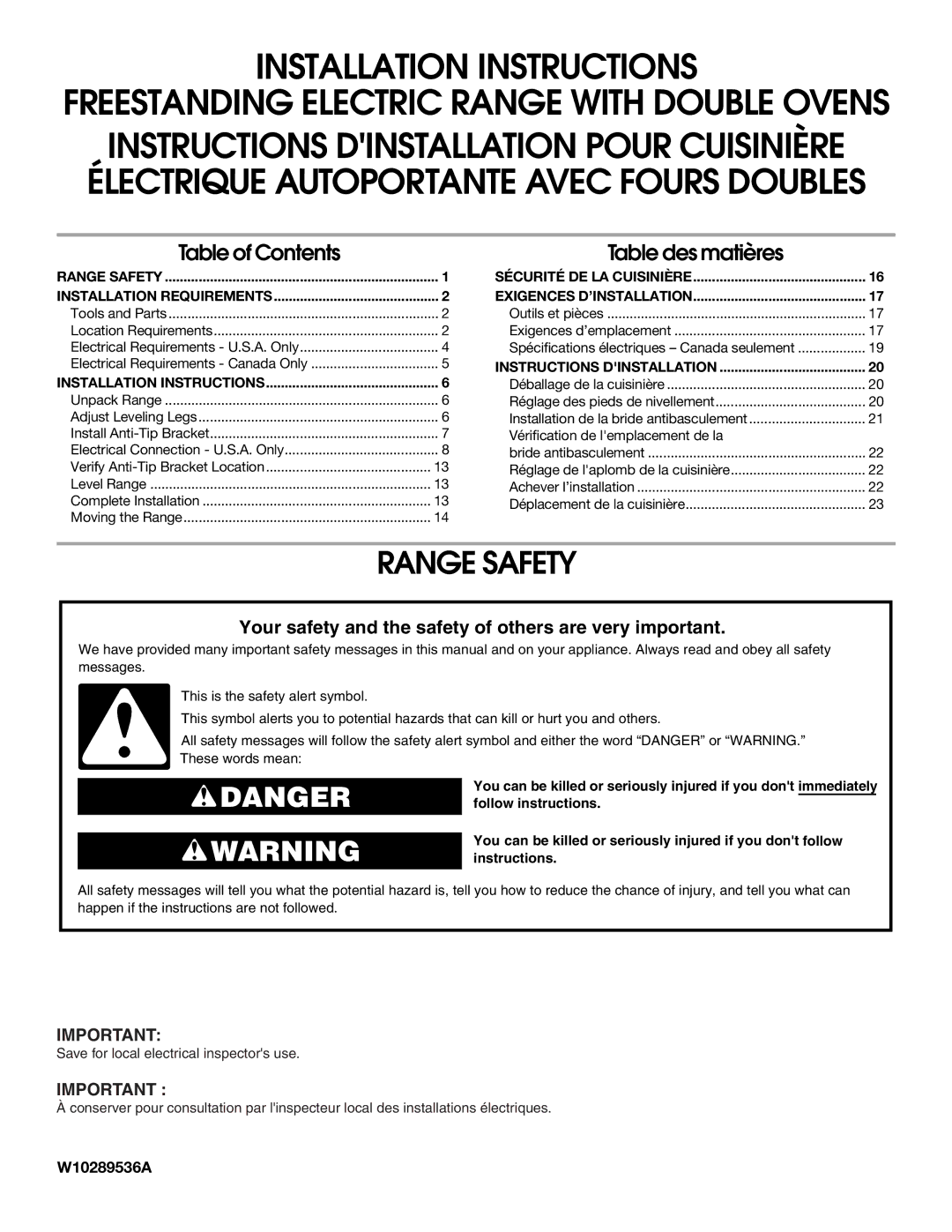 Maytag W10289536A installation instructions Freestanding Electric Range with Double Ovens, Range Safety 