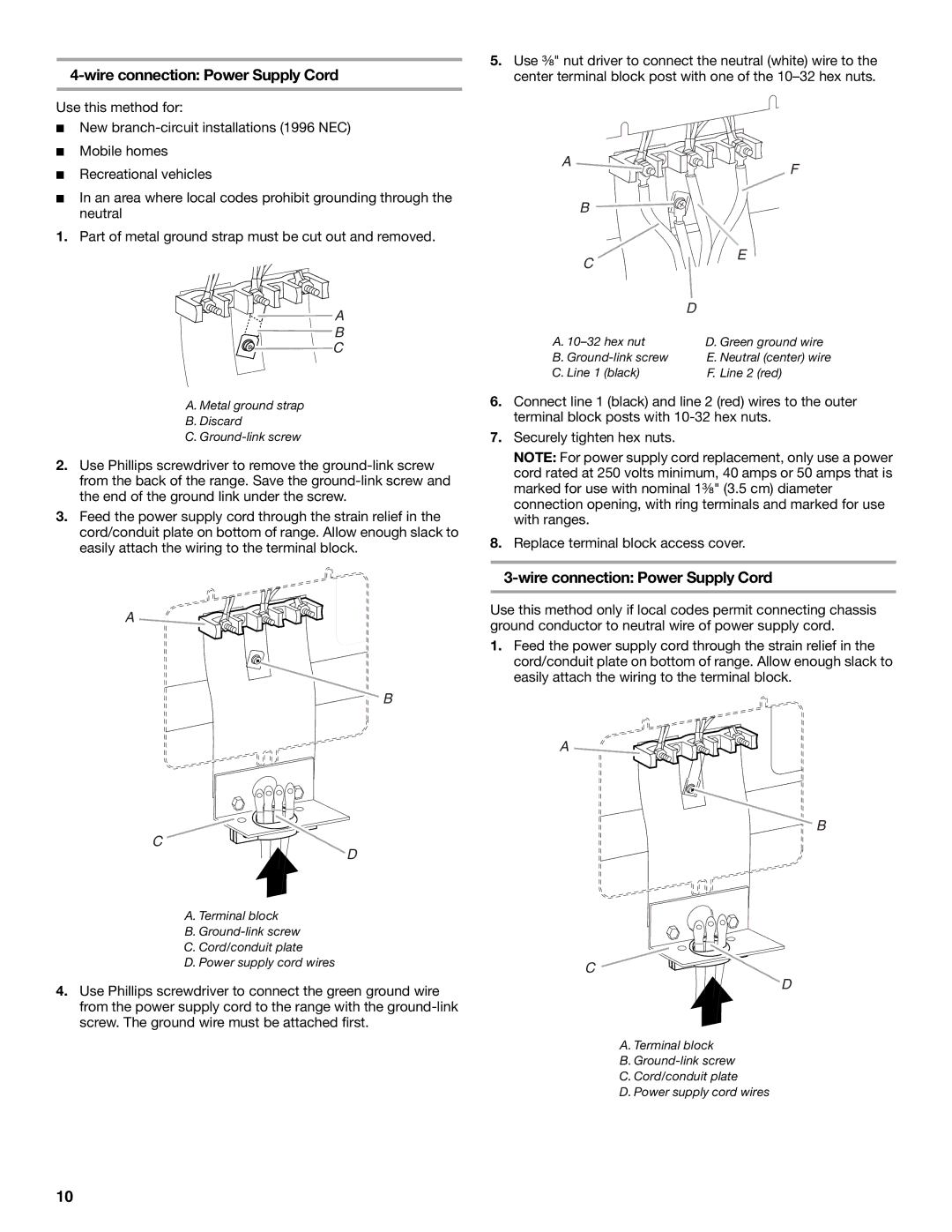 Maytag W10289536A installation instructions Wire connection Power Supply Cord 