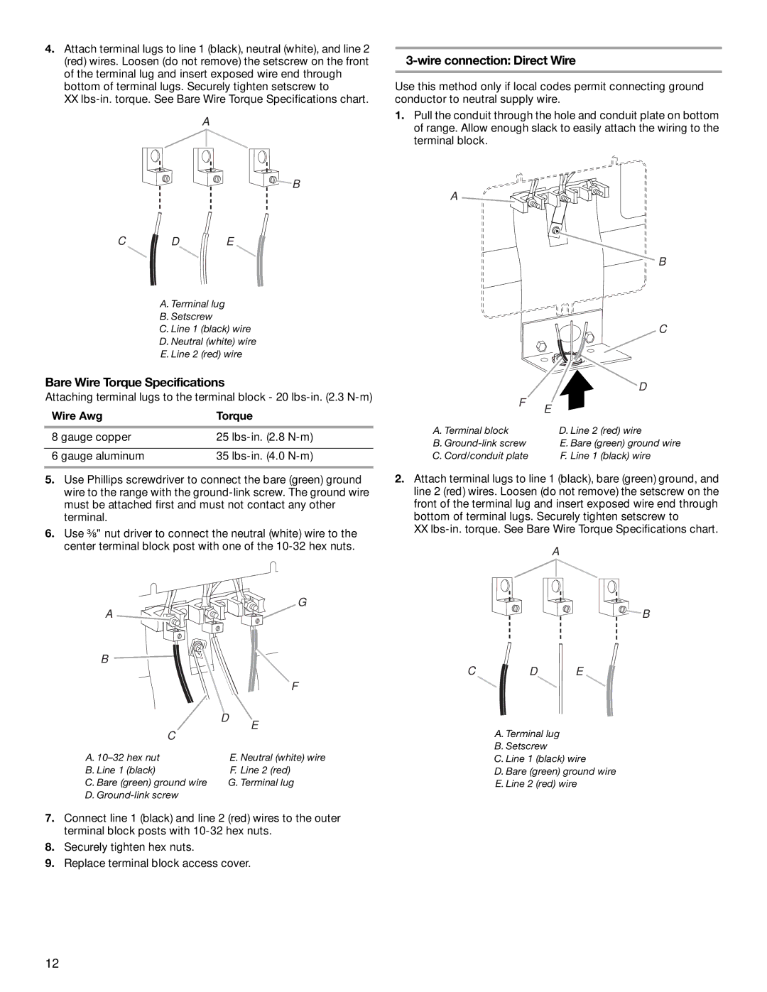 Maytag W10289536A installation instructions Bare Wire Torque Specifications, Wire Awg Torque 