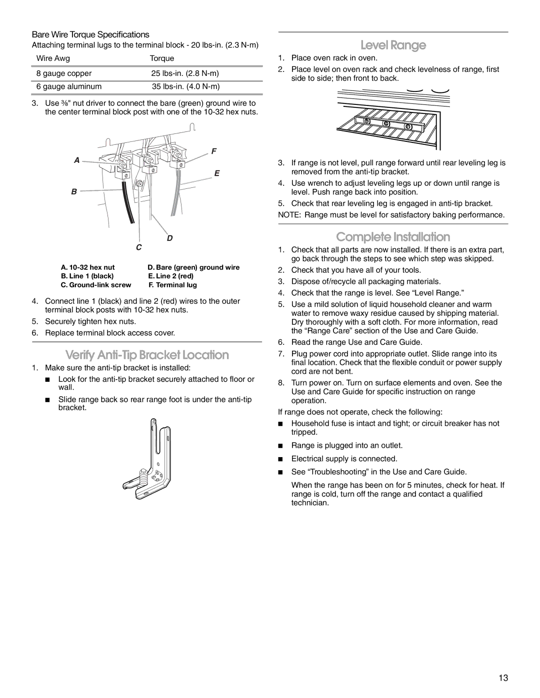 Maytag W10289536A installation instructions Verify Anti-Tip Bracket Location, Level Range, Complete Installation 