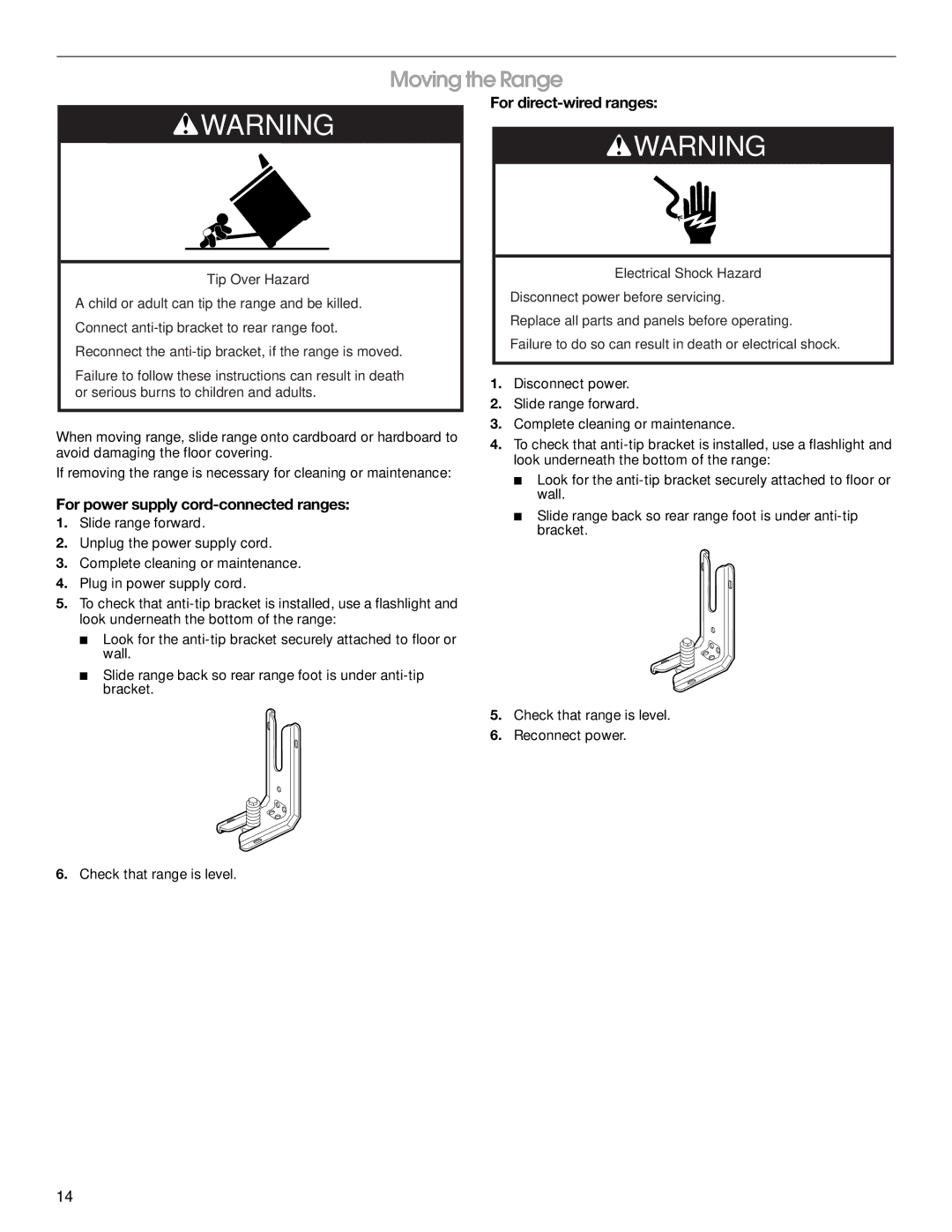 Maytag W10289536A Moving the Range, For power supply cord-connected ranges, For direct-wired ranges 