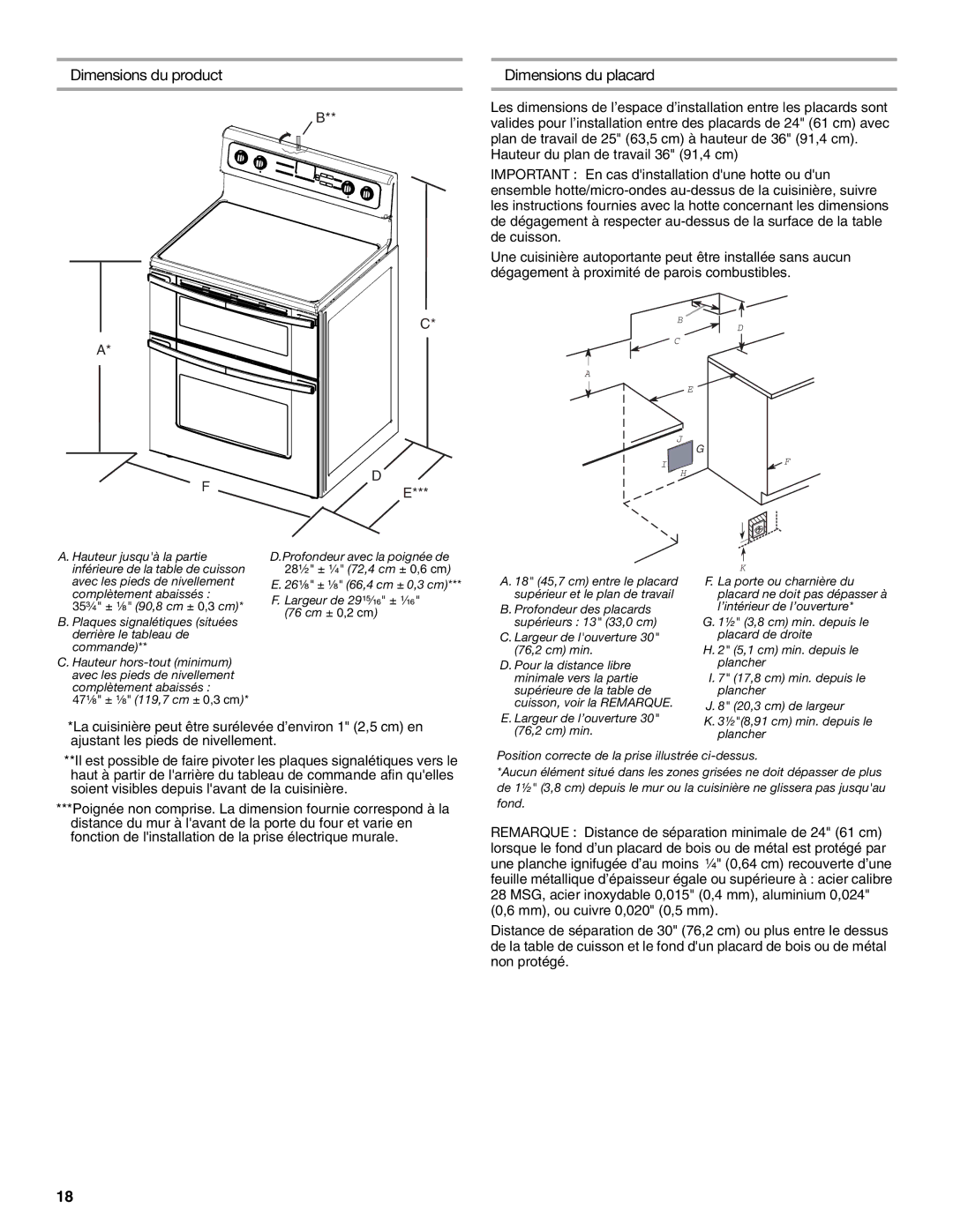 Maytag W10289536A Dimensions du product Dimensions du placard, Largeur de louverture 30 76,2 cm min 