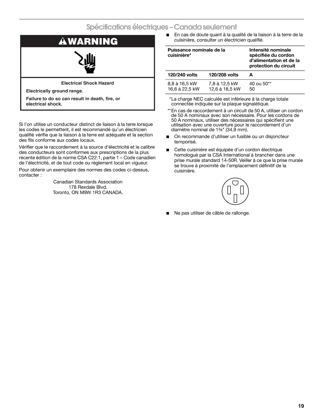 Maytag W10289536A installation instructions Spécifications électriques Canada seulement 