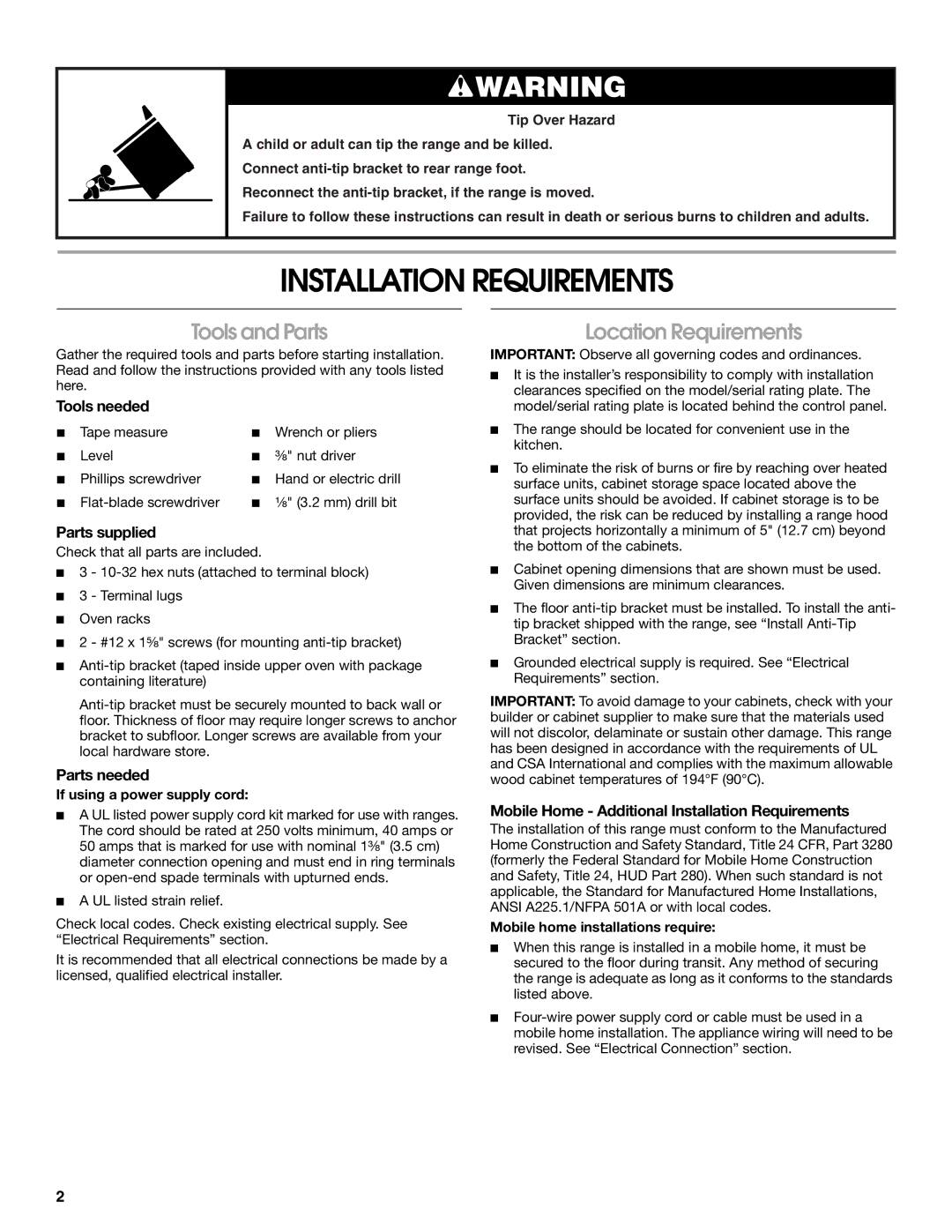 Maytag W10289536A installation instructions Installation Requirements, Tools and Parts, Location Requirements 