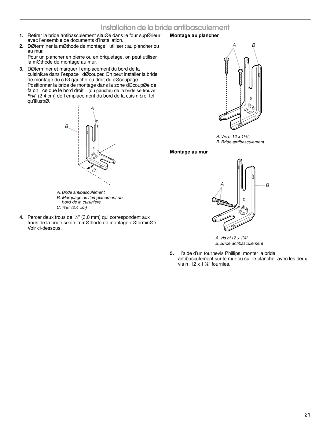 Maytag W10289536A installation instructions Installation de la bride antibasculement, Montage au plancher, Montage au mur 