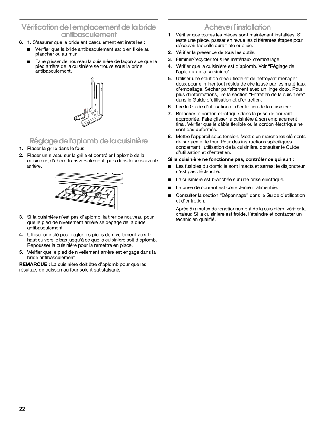 Maytag W10289536A Vérification de lemplacement de la bride Antibasculement, Réglage de laplomb de la cuisinière 