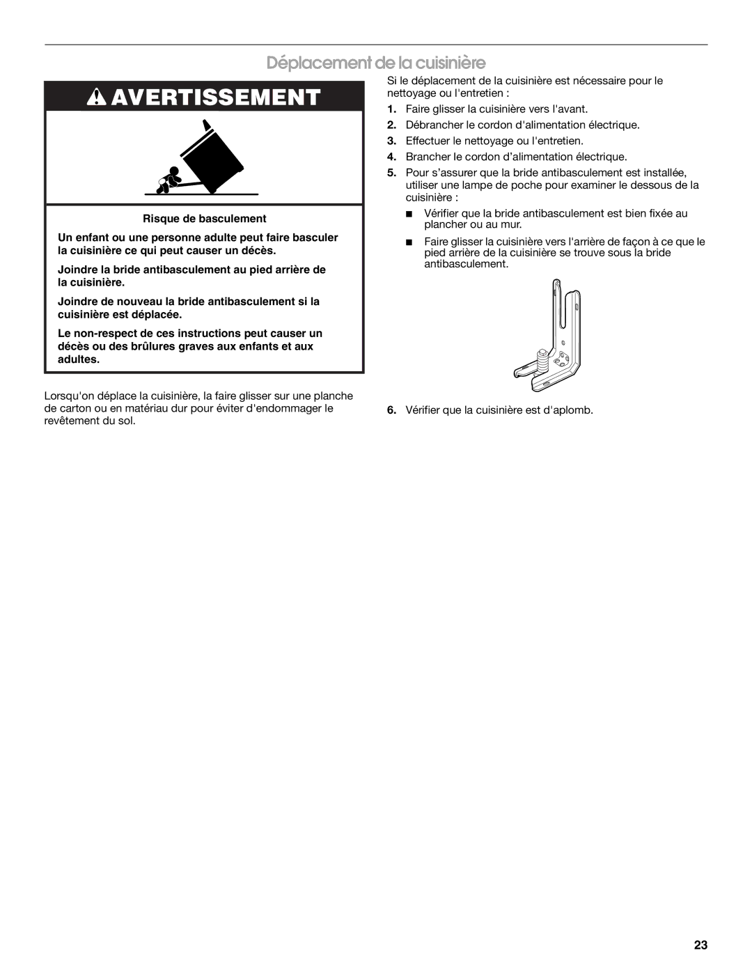 Maytag W10289536A installation instructions Déplacement de la cuisinière 