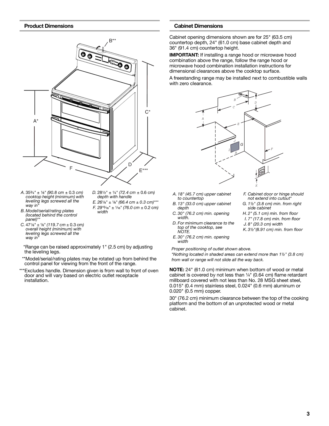 Maytag W10289536A installation instructions Product Dimensions Cabinet Dimensions 