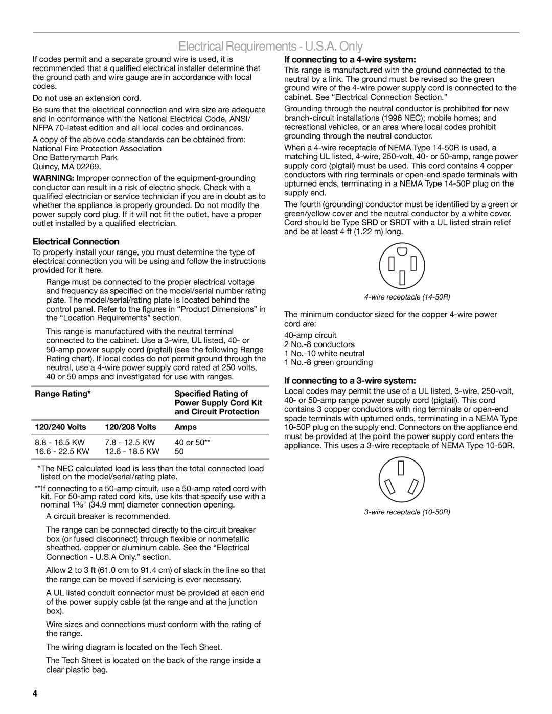 Maytag W10289536A Electrical Requirements U.S.A. Only, Electrical Connection, If connecting to a 4-wire system 