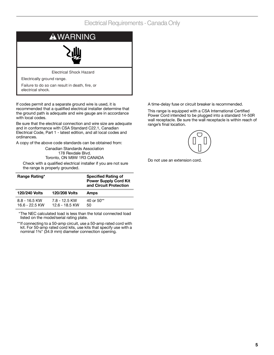 Maytag W10289536A installation instructions Electrical Requirements Canada Only 