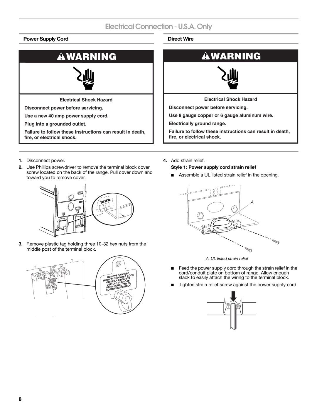 Maytag W10289536A installation instructions Electrical Connection U.S.A. Only, Power Supply Cord, Direct Wire 