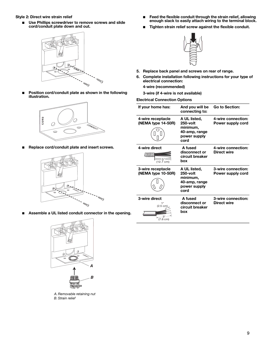 Maytag W10289536A installation instructions Style 2 Direct wire strain relief, Removable retaining nut Strain relief 