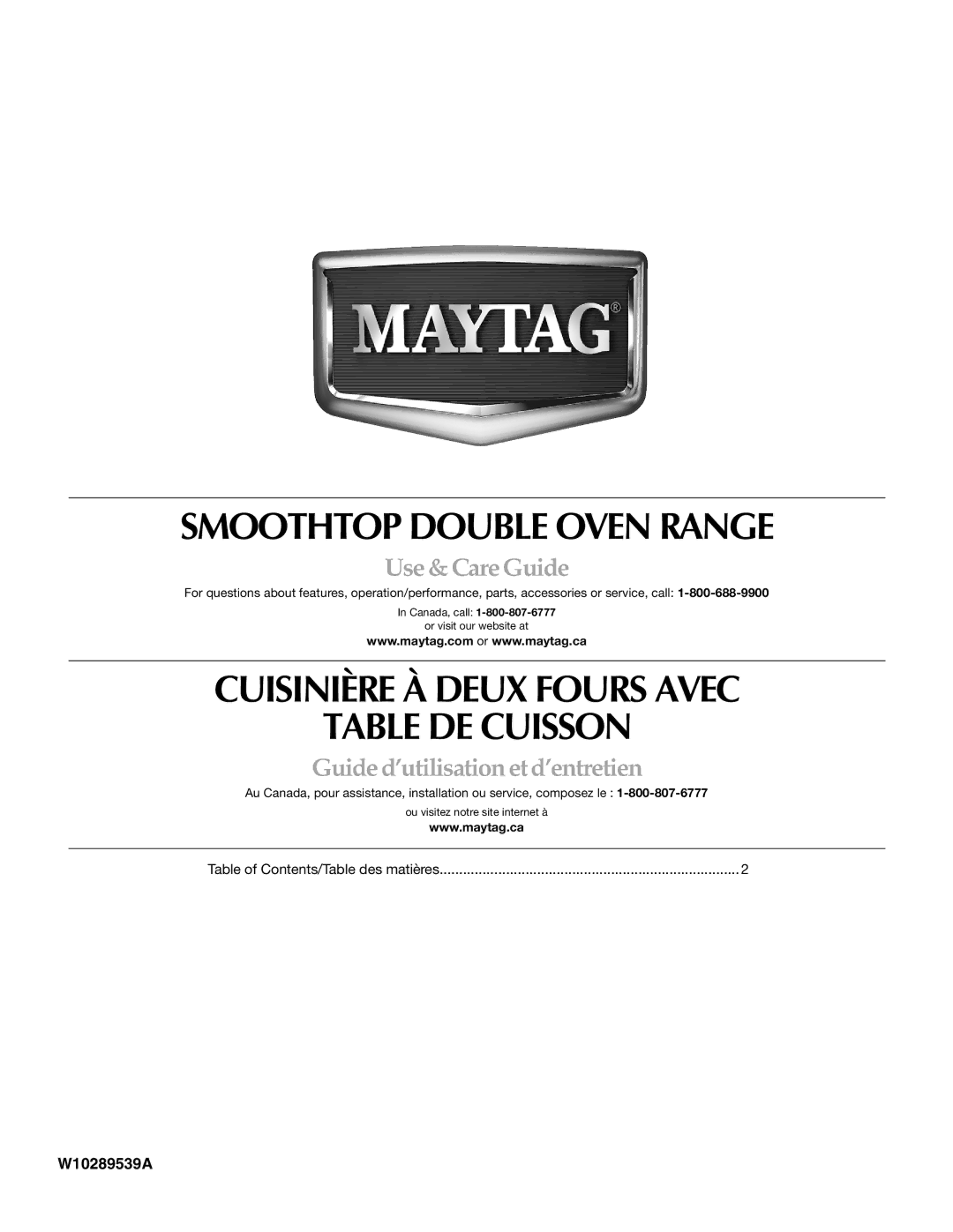 Maytag MET8885XS, W10289539A manual Smoothtop Double Oven Range 