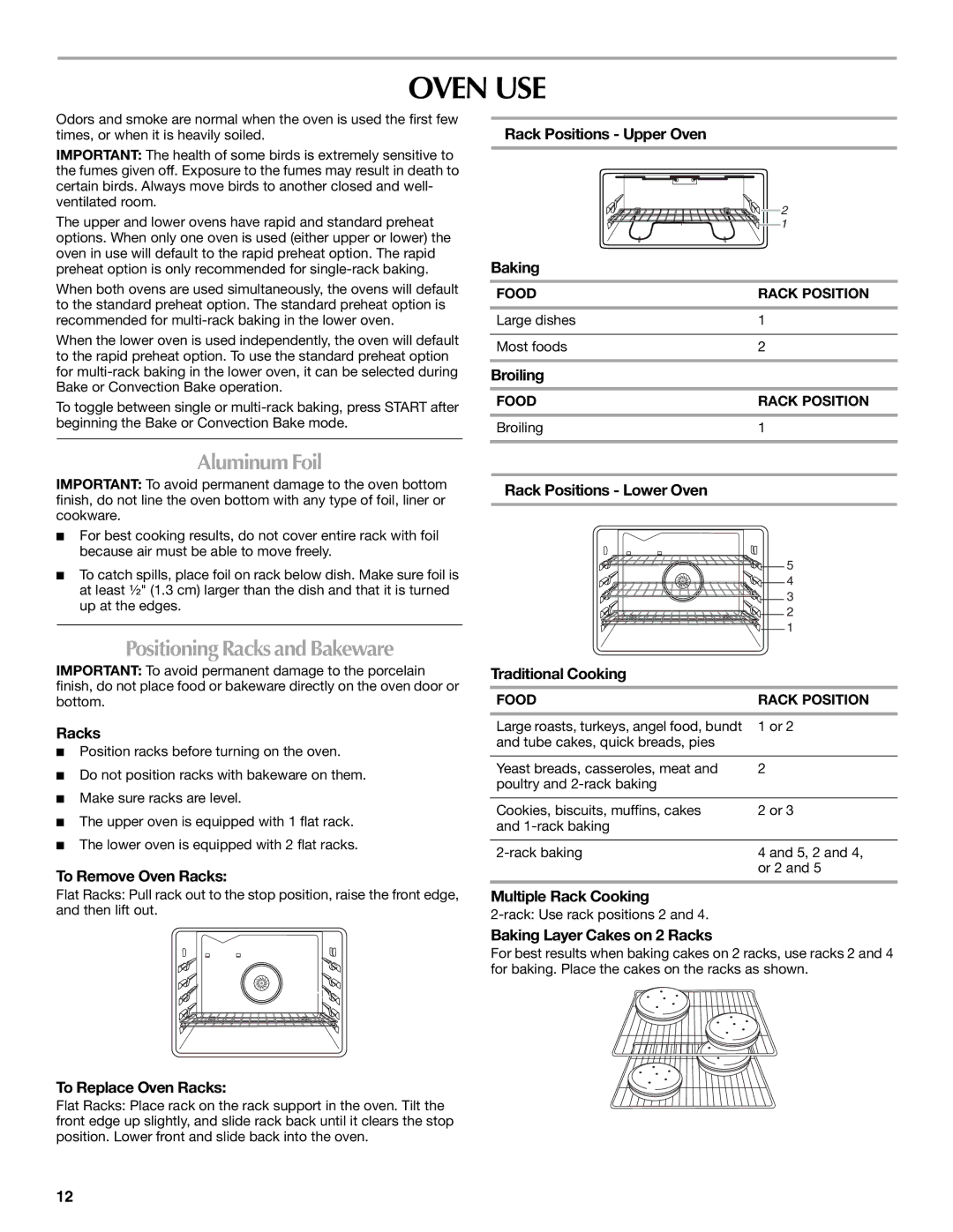 Maytag W10289539A, MET8885XS manual Oven USE, Aluminum Foil, Positioning Racks and Bakeware 