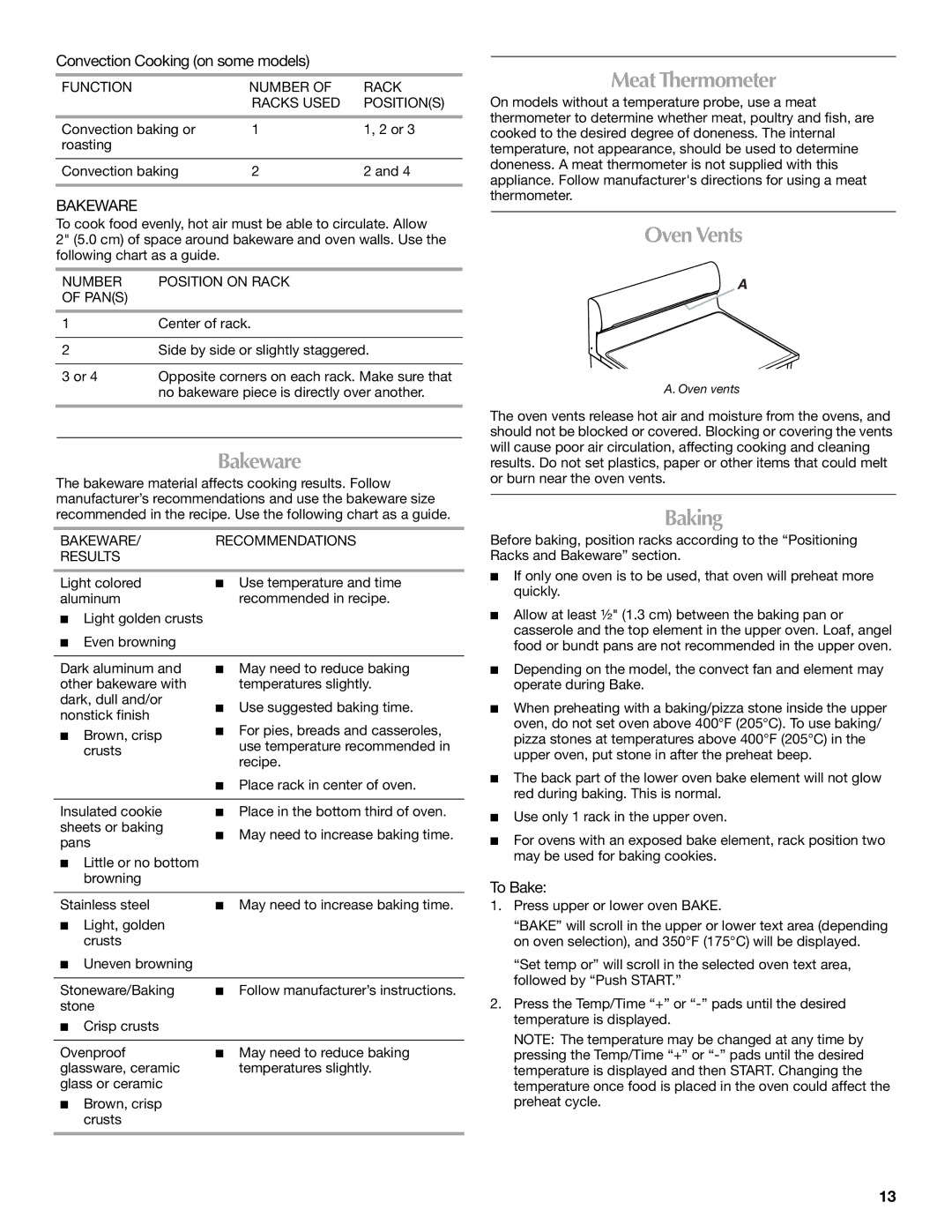 Maytag MET8885XS, W10289539A manual Bakeware, Meat Thermometer, Oven Vents, Baking 