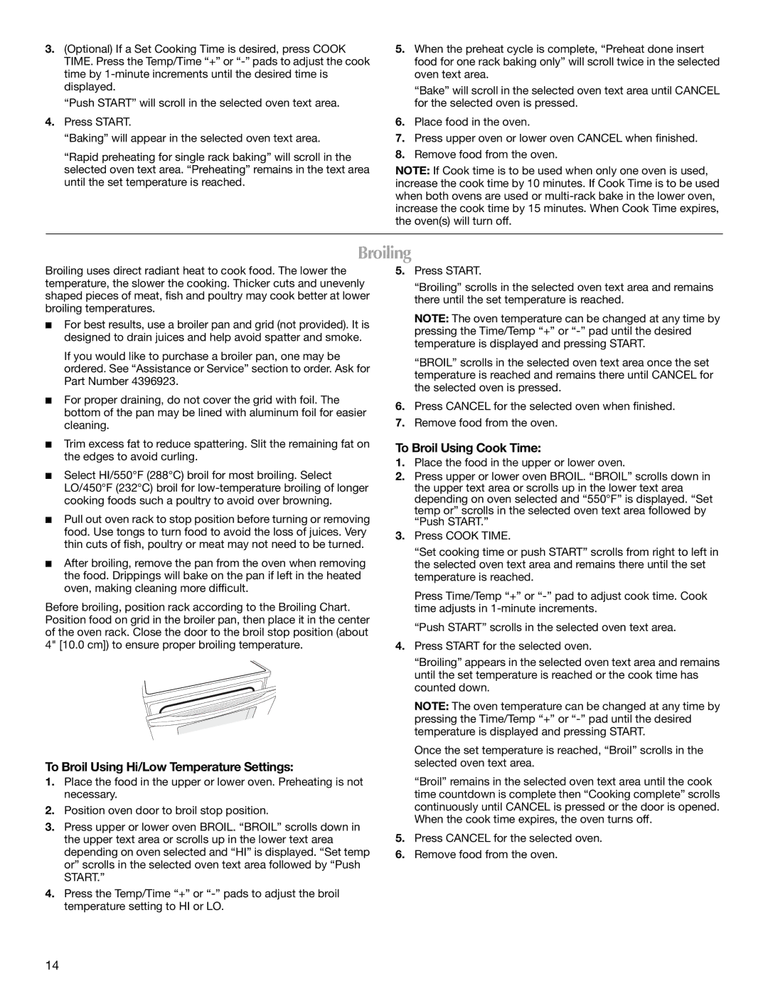 Maytag W10289539A, MET8885XS manual Broiling, To Broil Using Hi/Low Temperature Settings, To Broil Using Cook Time 