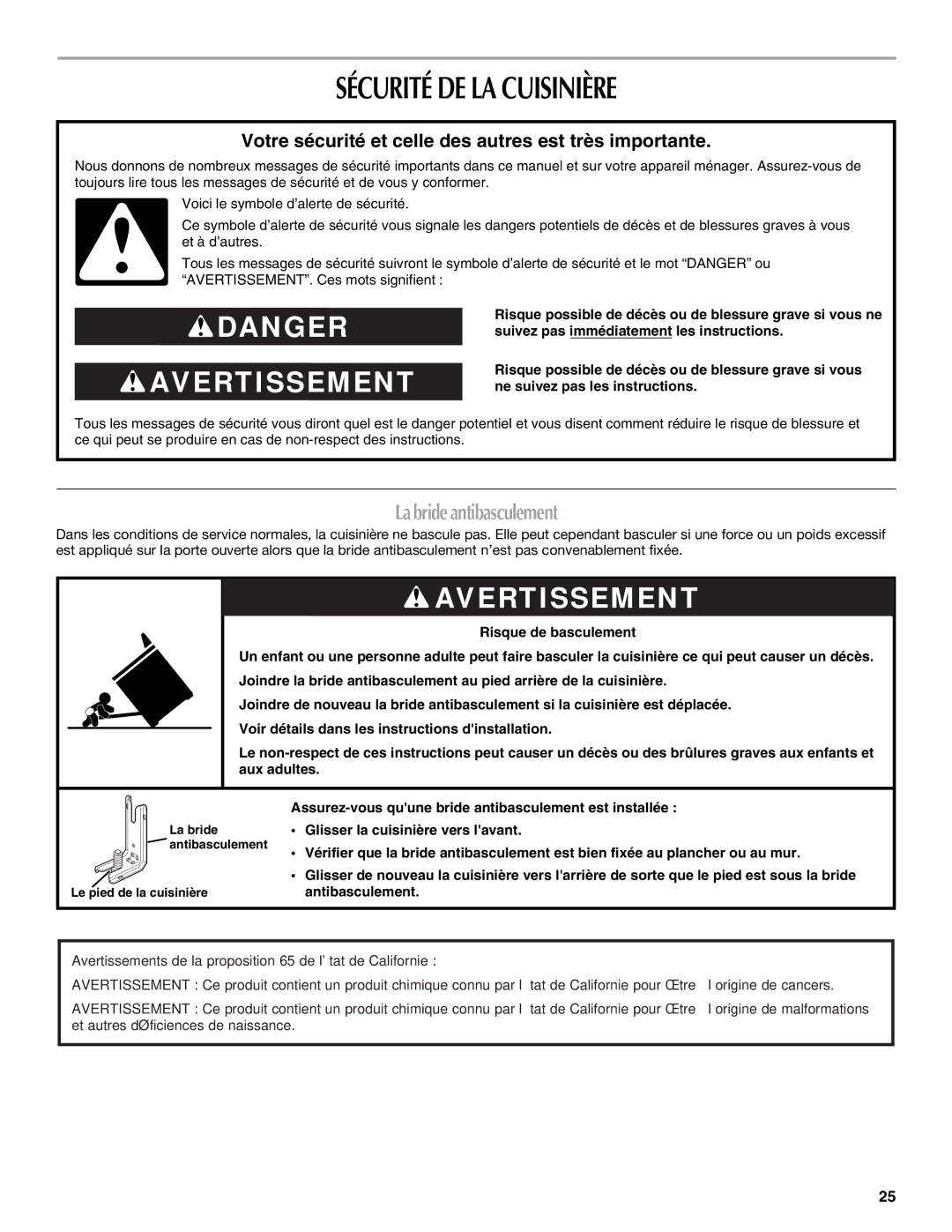 Maytag MET8885XS, W10289539A manual Sécurité DE LA Cuisinière, La bride antibasculement 