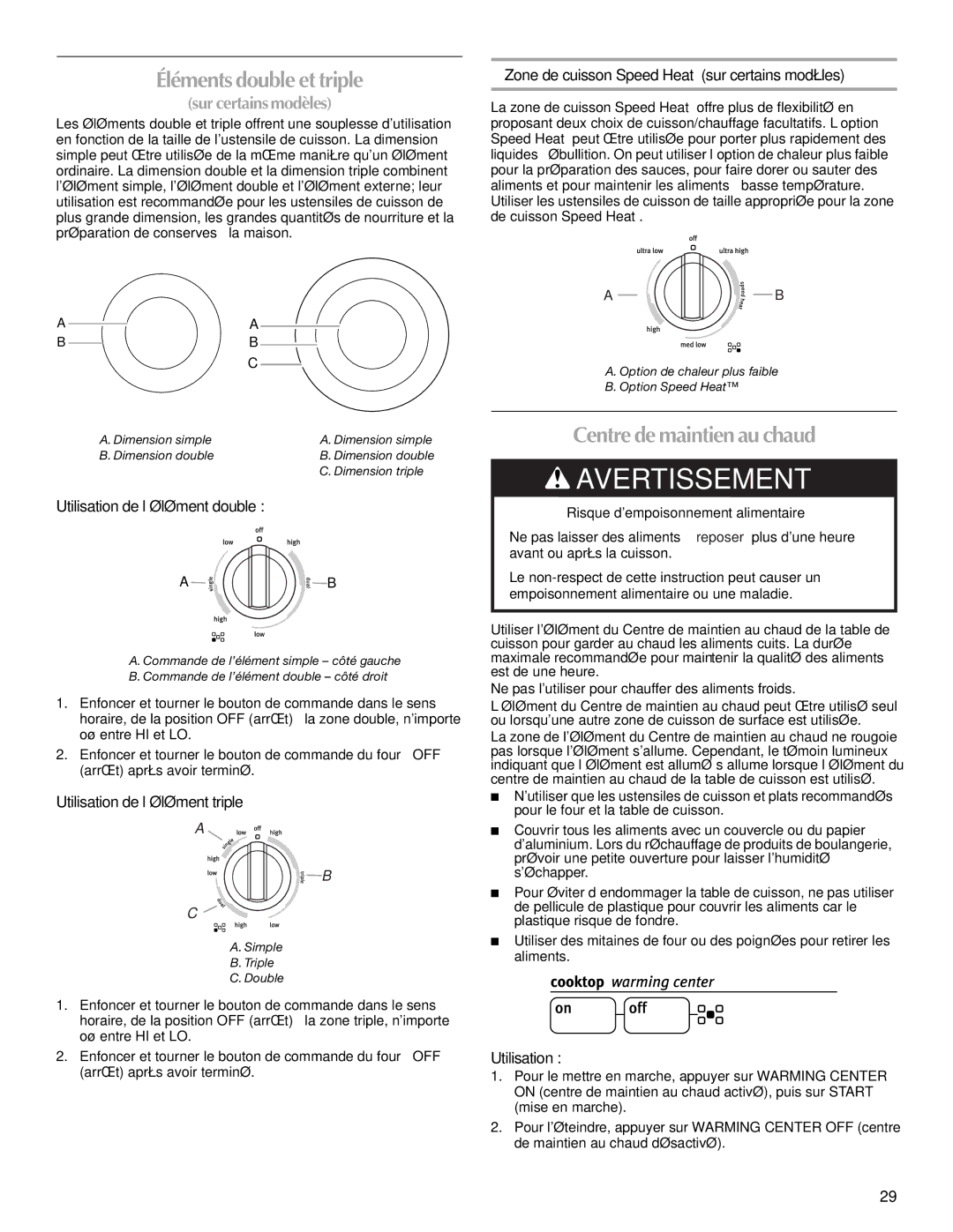 Maytag MET8885XS, W10289539A manual Éléments double et triple, Centre de maintien au chaud 