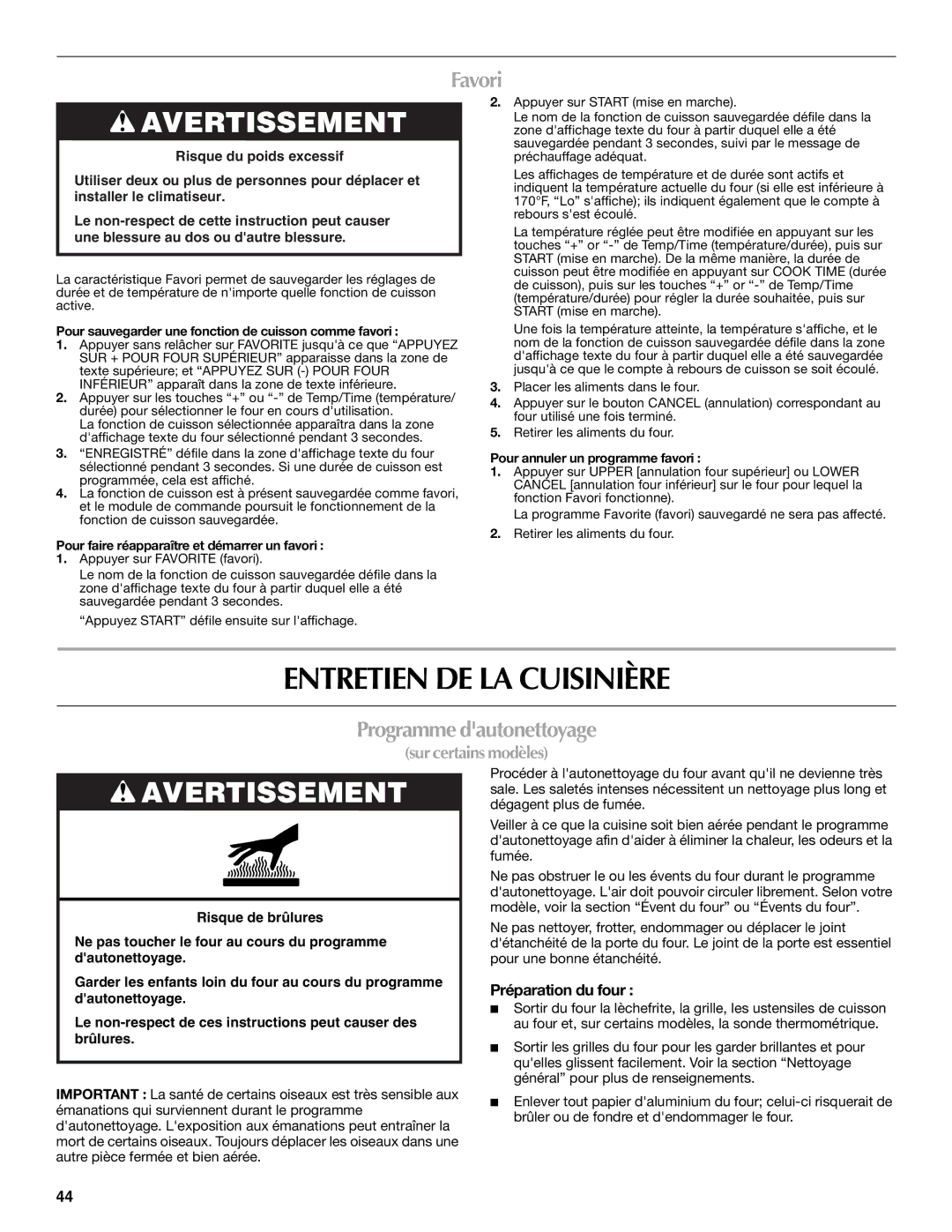 Maytag W10289539A, MET8885XS manual Entretien DE LA Cuisinière, Favori, Programme dautonettoyage, Préparation du four 