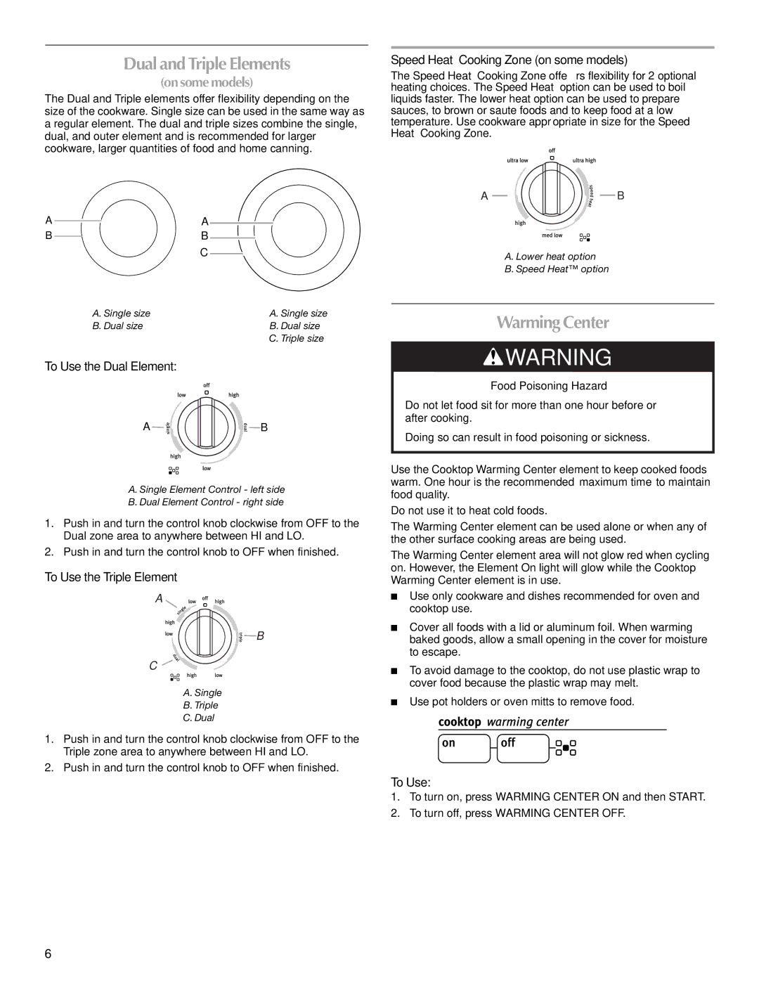 Maytag W10289539A, MET8885XS manual Dual and Triple Elements, Warming Center 