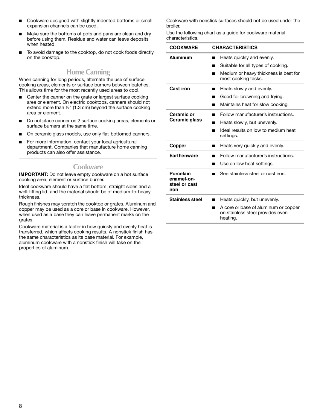 Maytag W10289539A, MET8885XS manual Home Canning, Cookware Characteristics 