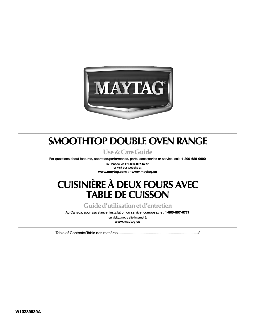 Maytag MET8885XS manual W10289539A, Smoothtop Double Oven Range, Cuisinière À Deux Fours Avec Table De Cuisson 