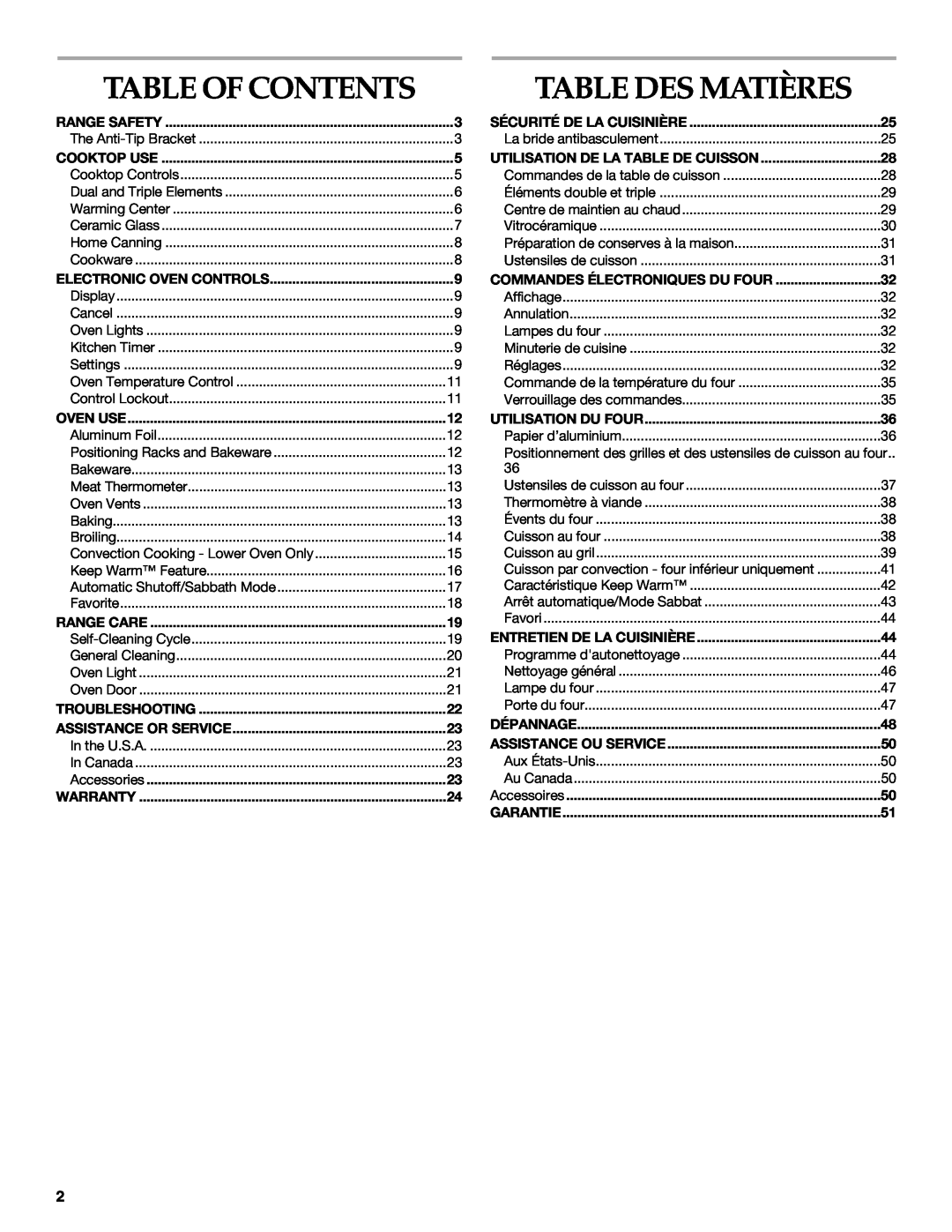 Maytag W10289539A, MET8885XS manual Table Des Matières, Table Of Contents 
