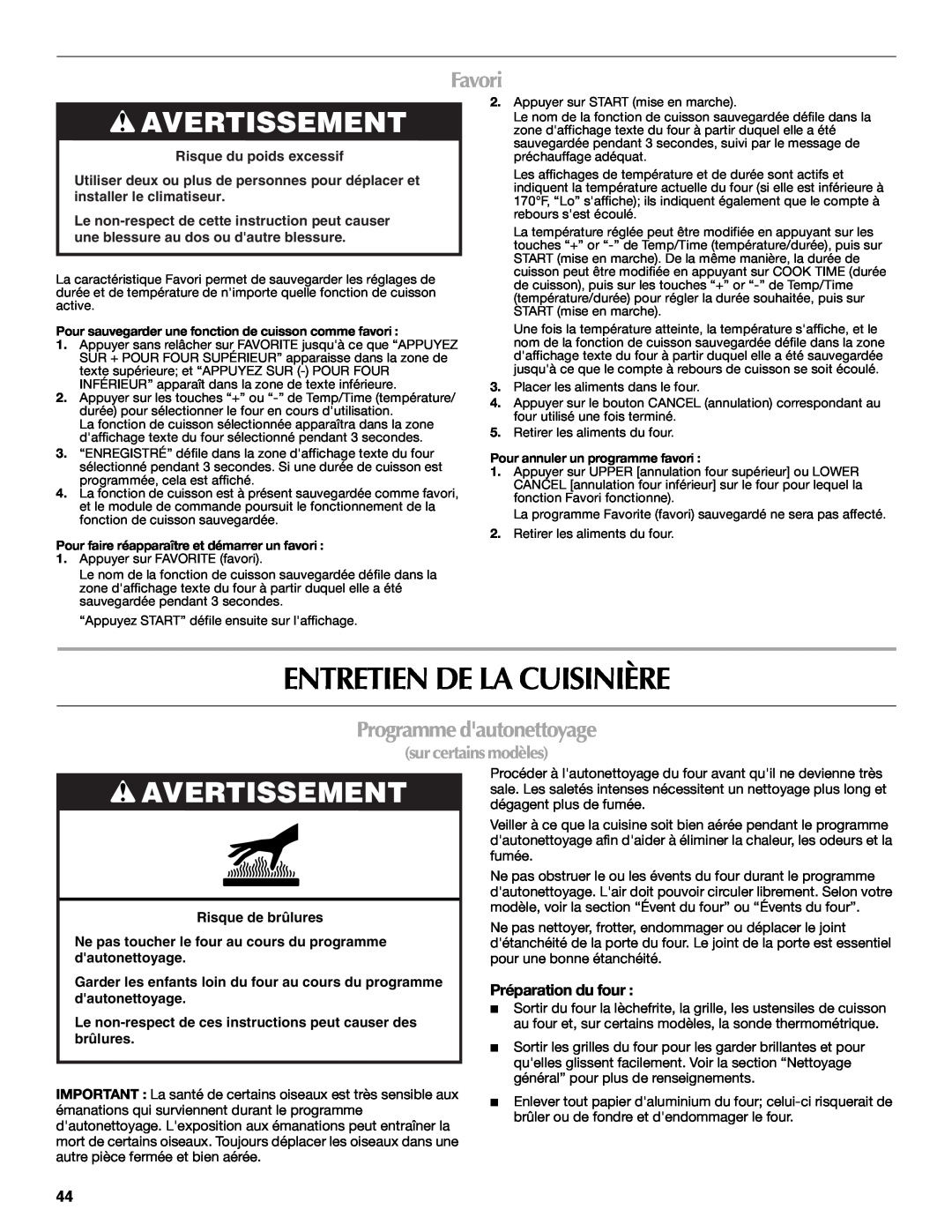 Maytag W10289539A manual Entretien De La Cuisinière, Favori, Programme dautonettoyage, Préparation du four, Avertissement 