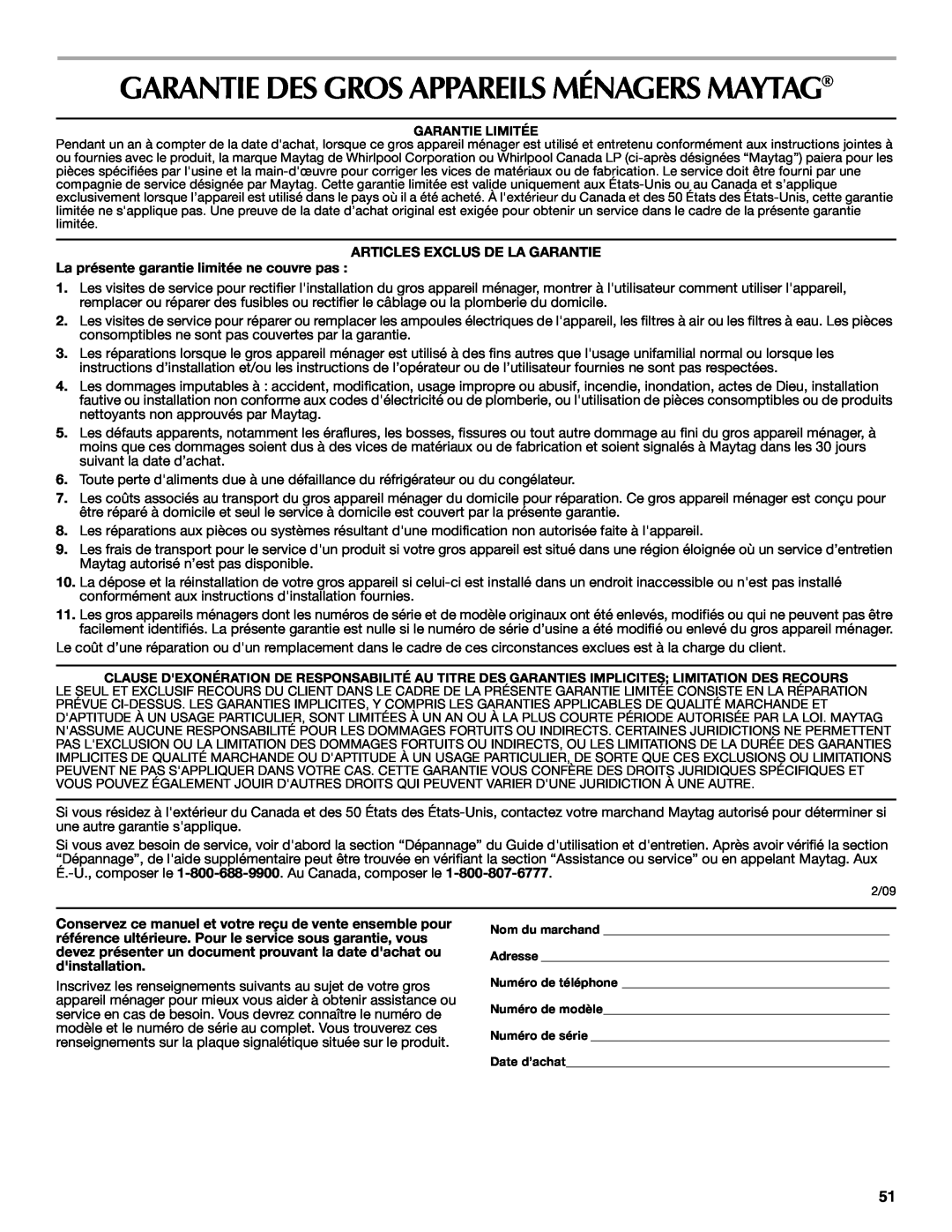 Maytag MET8885XS, W10289539A manual Garantie Des Gros Appareils Ménagers Maytag, Articles Exclus De La Garantie 