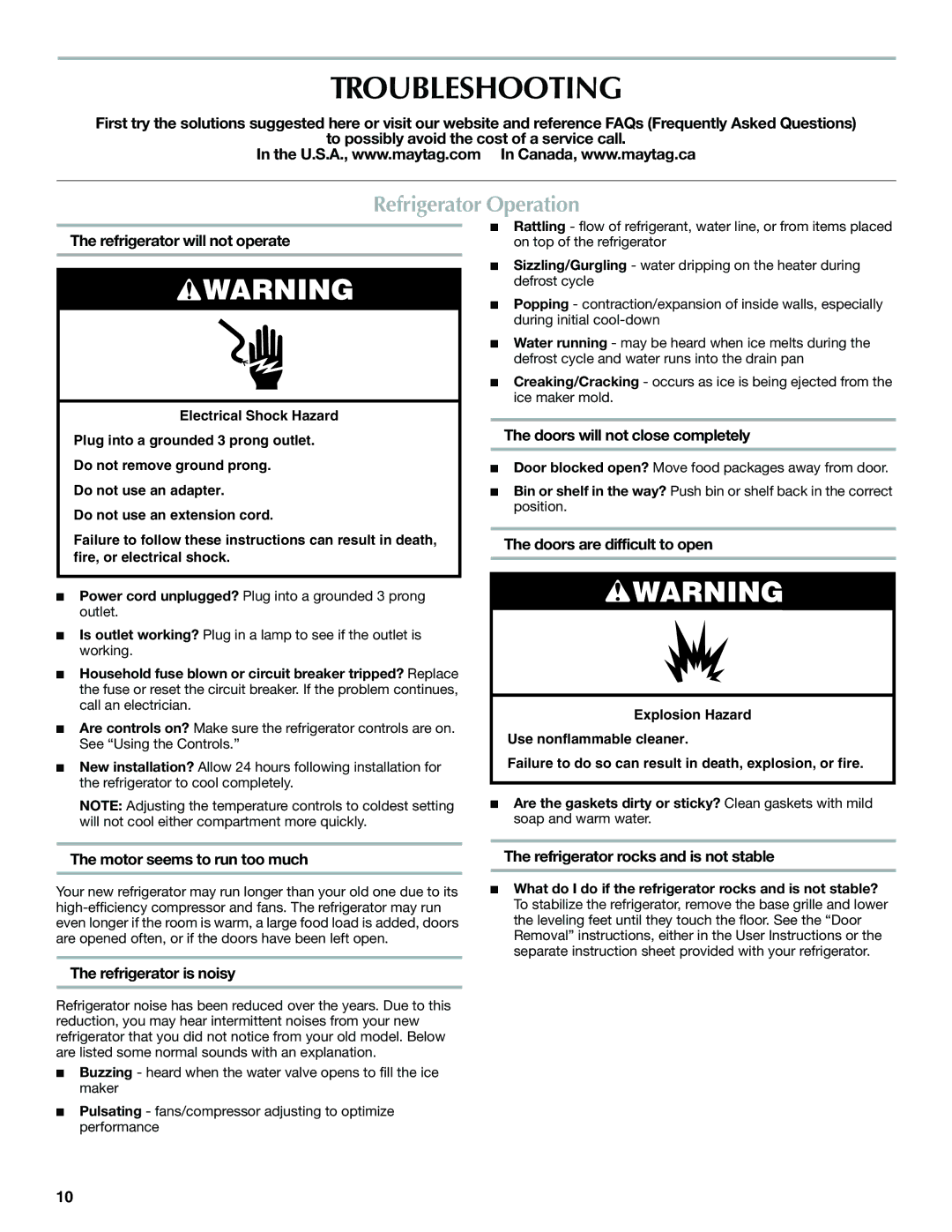 Maytag W10289681A, W10289680A installation instructions Troubleshooting, Refrigerator Operation 