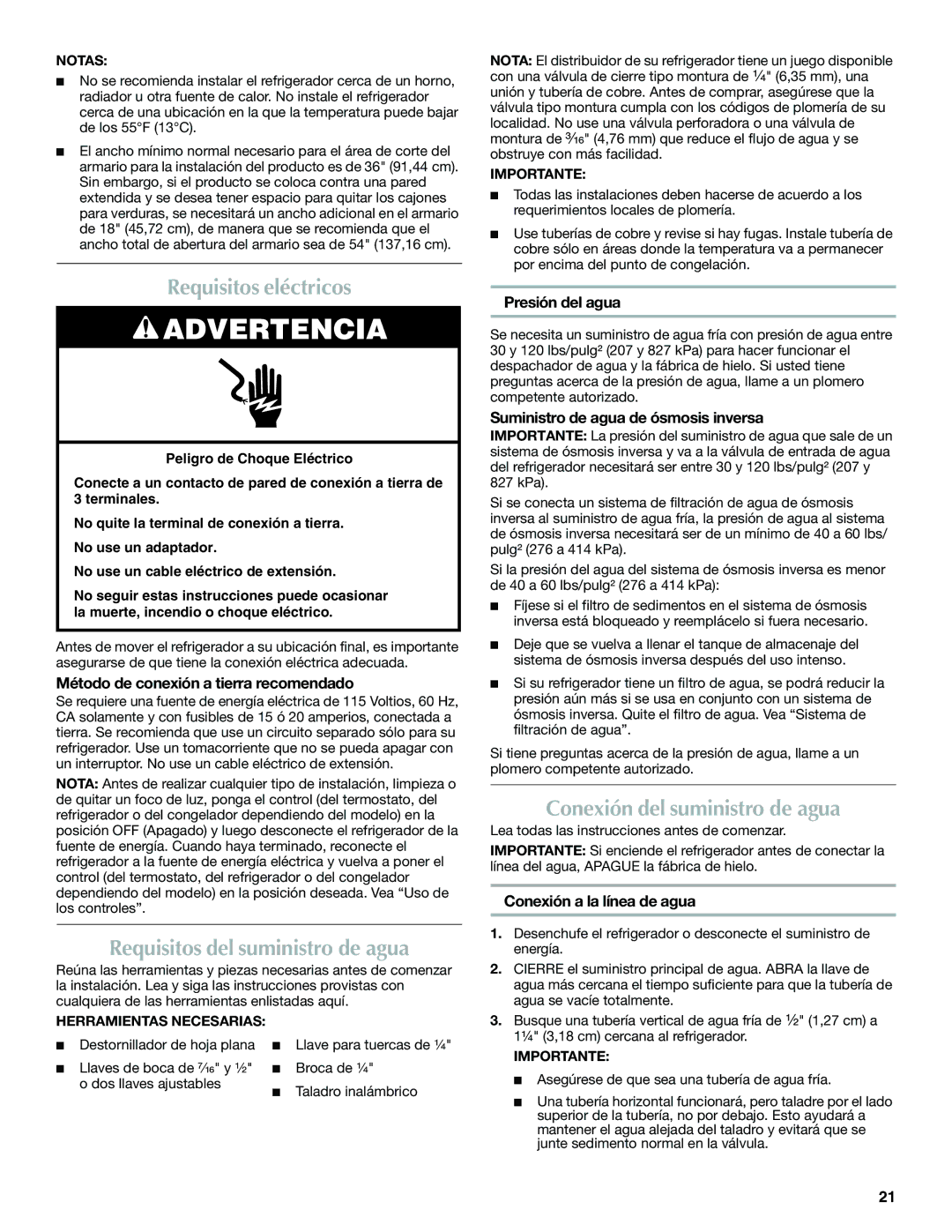 Maytag W10289680A, W10289681A Requisitos eléctricos, Requisitos del suministro de agua, Conexión del suministro de agua 