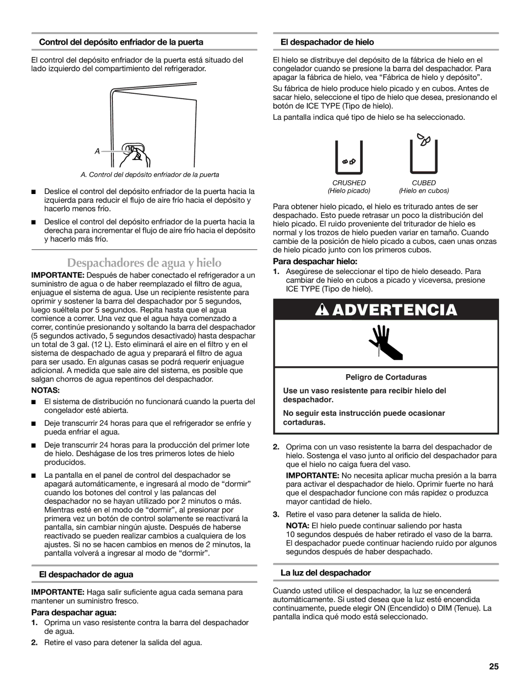 Maytag W10289680A Despachadores de agua y hielo, Para despachar hielo, El despachador de agua, Para despachar agua 