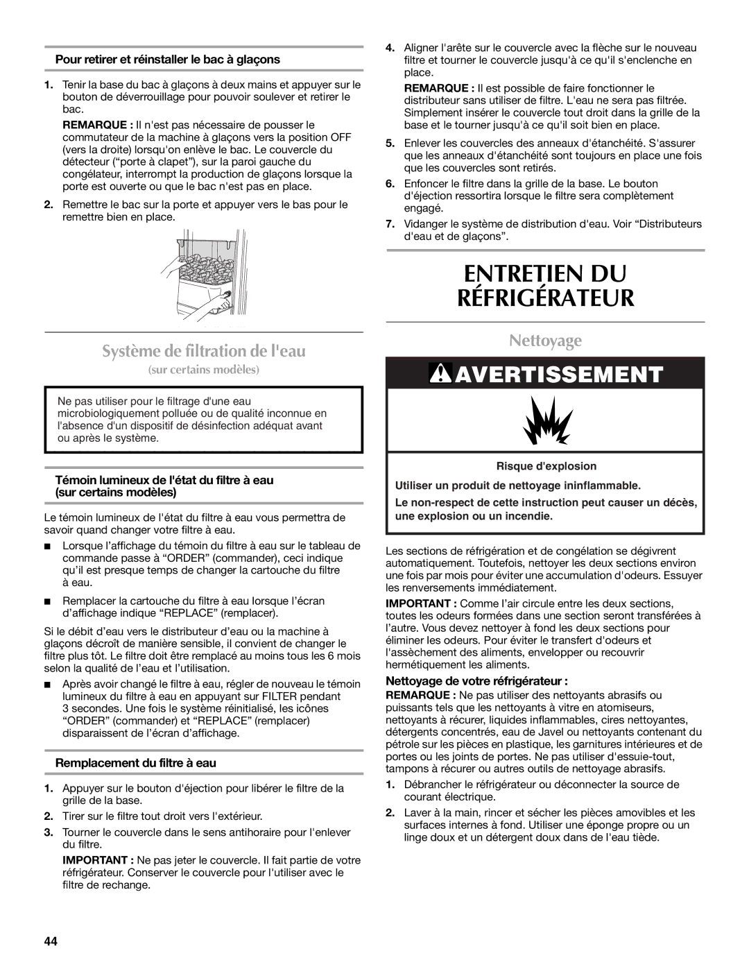 Maytag W10289681A, W10289680A installation instructions Entretien DU Réfrigérateur, Système de filtration de leau, Nettoyage 