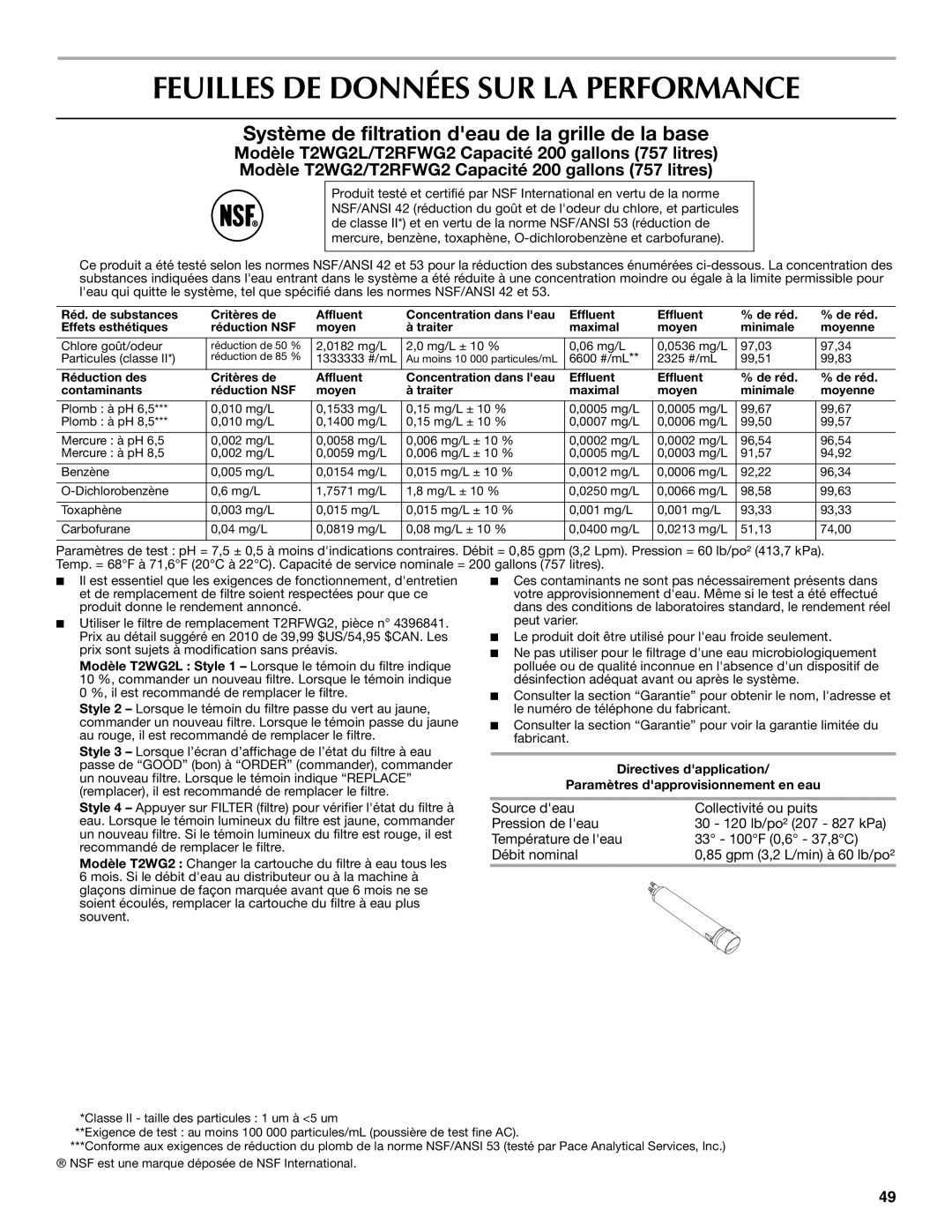 Maytag W10289680A, W10289681A Feuilles DE Données SUR LA Performance, Système de filtration deau de la grille de la base 