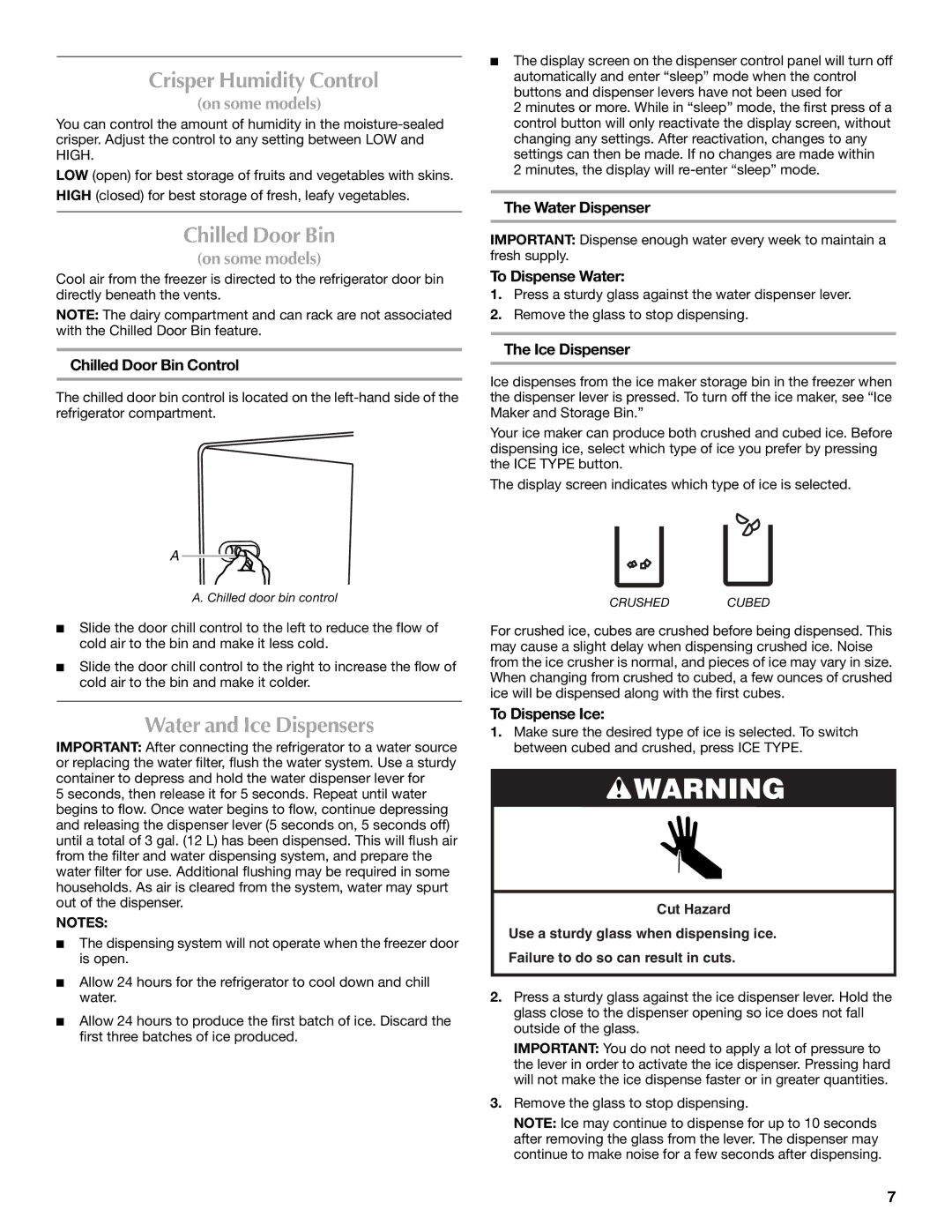 Maytag W10289680A, W10289681A installation instructions Crisper Humidity Control, Chilled Door Bin, Water and Ice Dispensers 