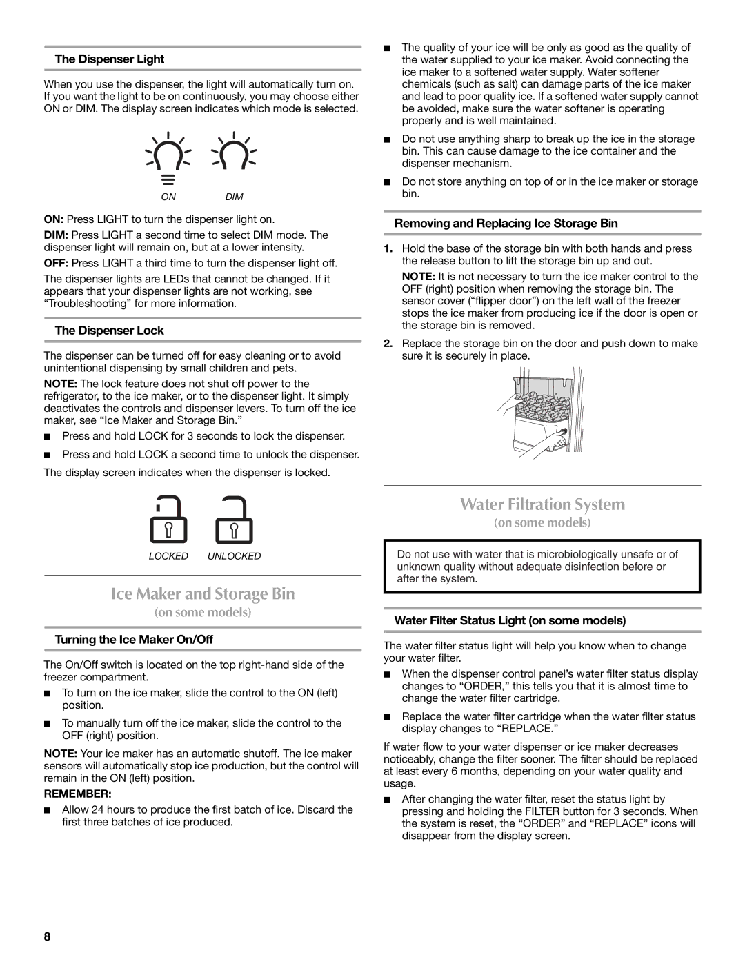 Maytag W10289681A, W10289680A installation instructions Ice Maker and Storage Bin, Water Filtration System 