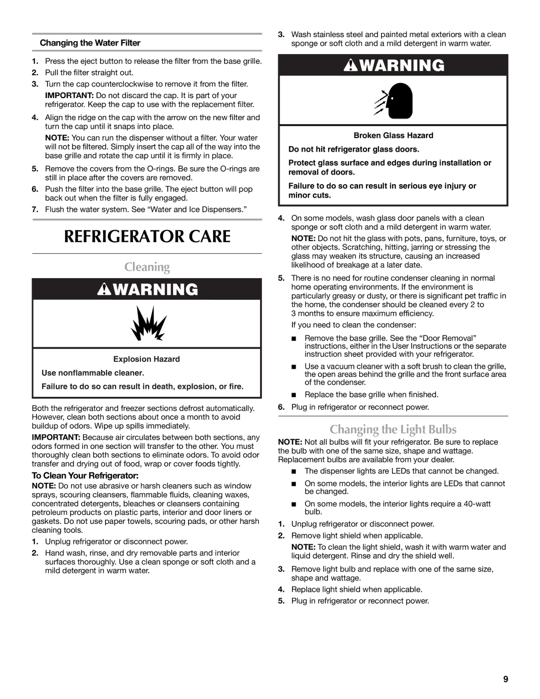 Maytag W10289680A, W10289681A Refrigerator Care, Cleaning, Changing the Light Bulbs, Changing the Water Filter 