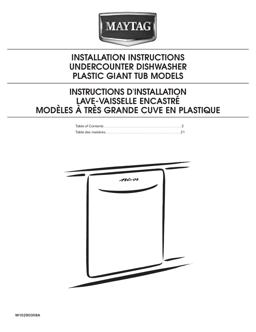 Maytag MDB6709AWW installation instructions Table of Contents Table des matières W10290309A 