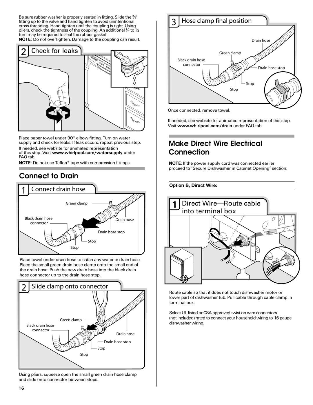 Maytag W10290309A Connect to Drain, Make Direct Wire Electrical Connection, Hose clamp final position Check for leaks 