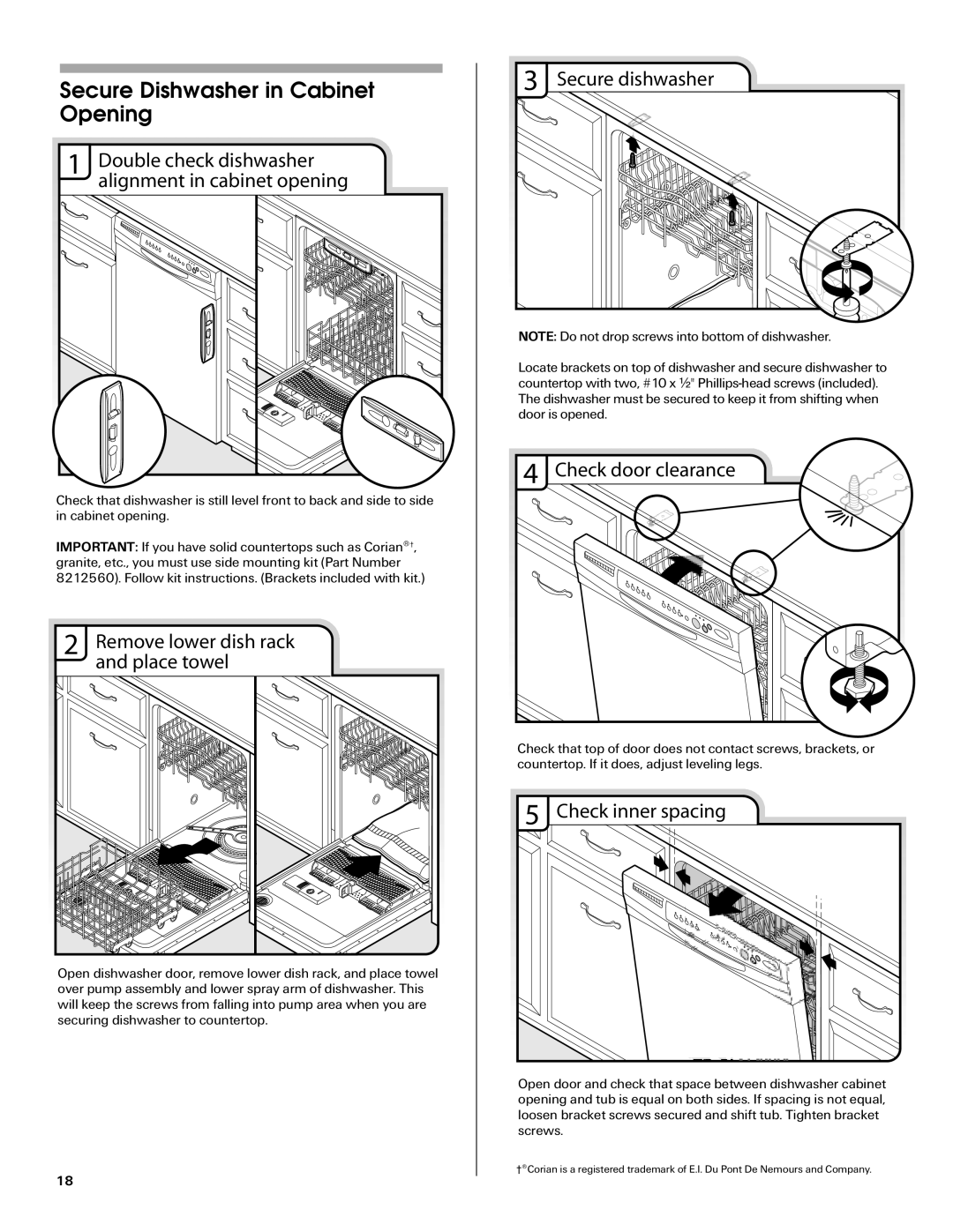 Maytag W10290309A, MDB6709AWW installation instructions Secure Dishwasher in Cabinet Opening 