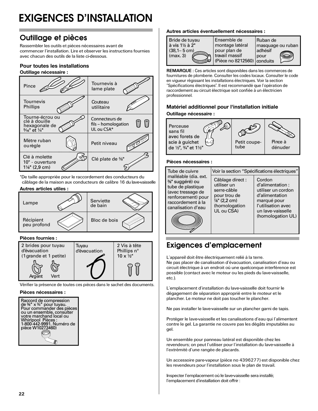 Maytag W10290309A, MDB6709AWW installation instructions Outillage et pièces, Exigences d’emplacement 