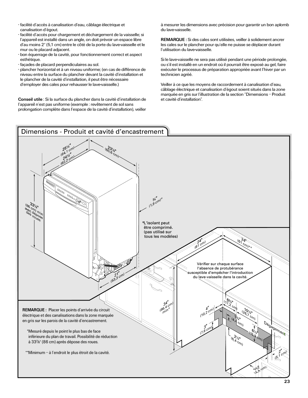 Maytag MDB6709AWW Dimensions Produit et cavité d’encastrement, En gris sur les parois de la cavité d’encastrement 